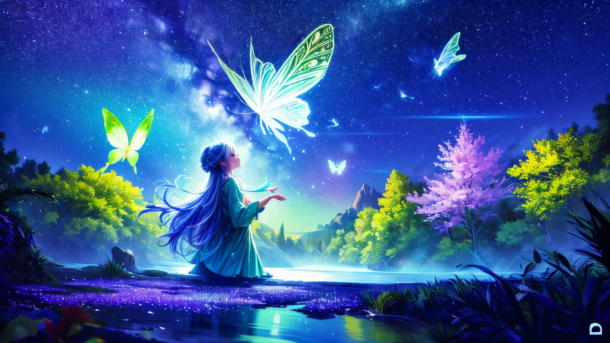 Cute girl characters、green grass々Depicts a butterfly flying over the water, Looking up at the starry sky. Surround her with colorful nebulae and colorful forests.