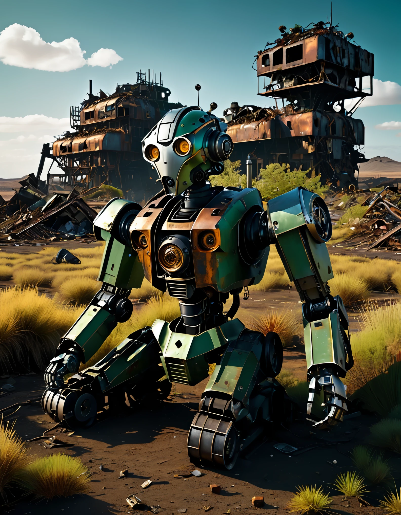 (Best Quality, High Definition), Abandoned machinery, super duper robotic heads with severed limbs, super duper robotic heads with mutilated bodies, super duper scrapped robotic heads, super duper broken mecha trash mountains, mechanical trash mountains, post-apocalyptic, anti-utopia, rusty metal, broken parts, moss, ghostly atmospheres, destroyed cities, mechanical wrecks, inanimate, desolation, somber lighting, dramatic perspectives, decay, futuristic, cyberpunk aesthetics, darkness, contrasts, shadows, mystique, abandoned buildings, debris, discarded machinery, ghosts, silence, loneliness, barrenness, fields