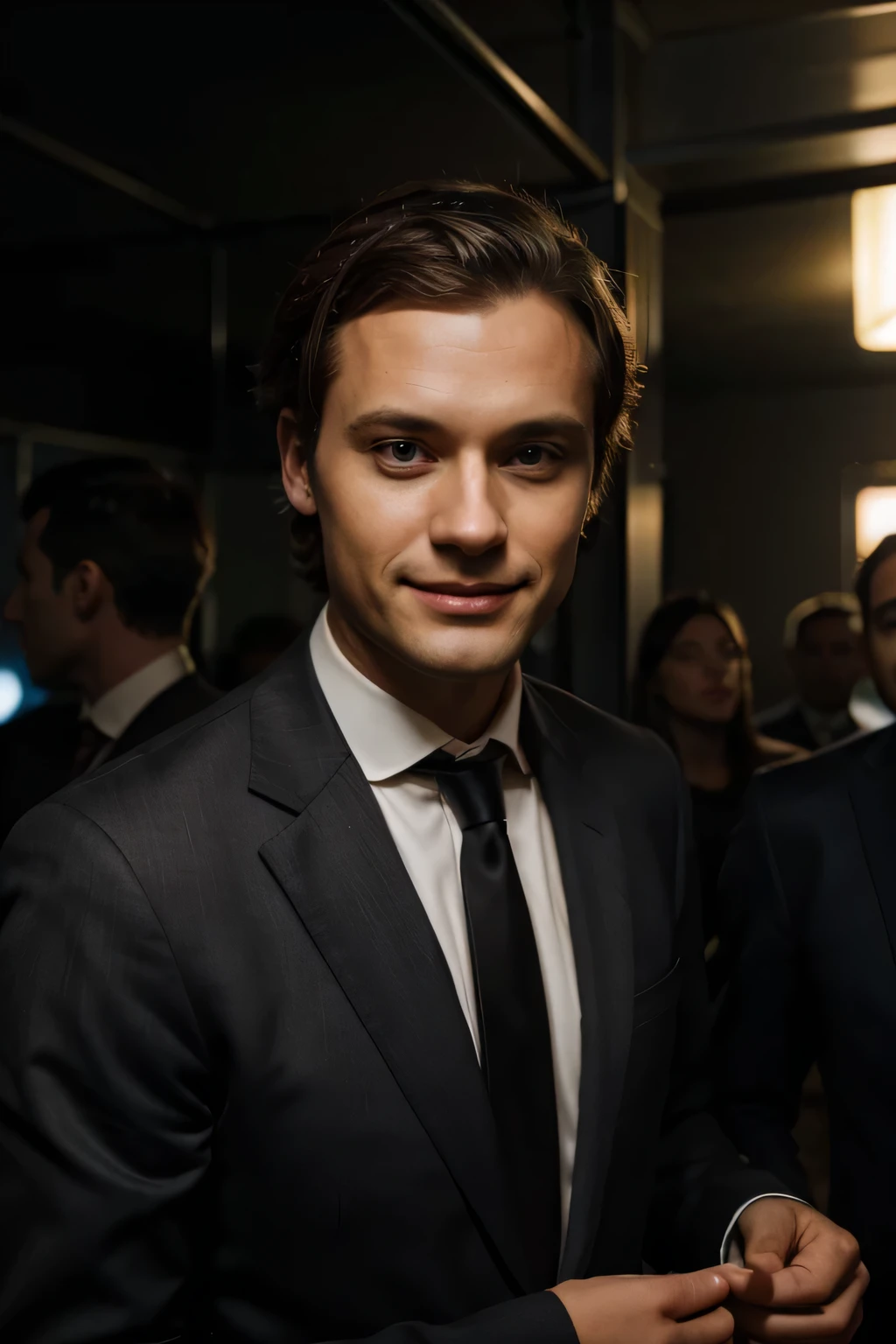 There's a man in a suit and tie standing in a party, photographie commerciale, corporate portait, PDG, Ronen Bekerman, Portrait corporatif, couple Jesper Knudsen, sur fond sombre, Well-lit professional photo, par Dietmar Damerau, par Jonas De Ro, couple Jens Søndergaard, Sascha Schneider with a smile black hair and alone