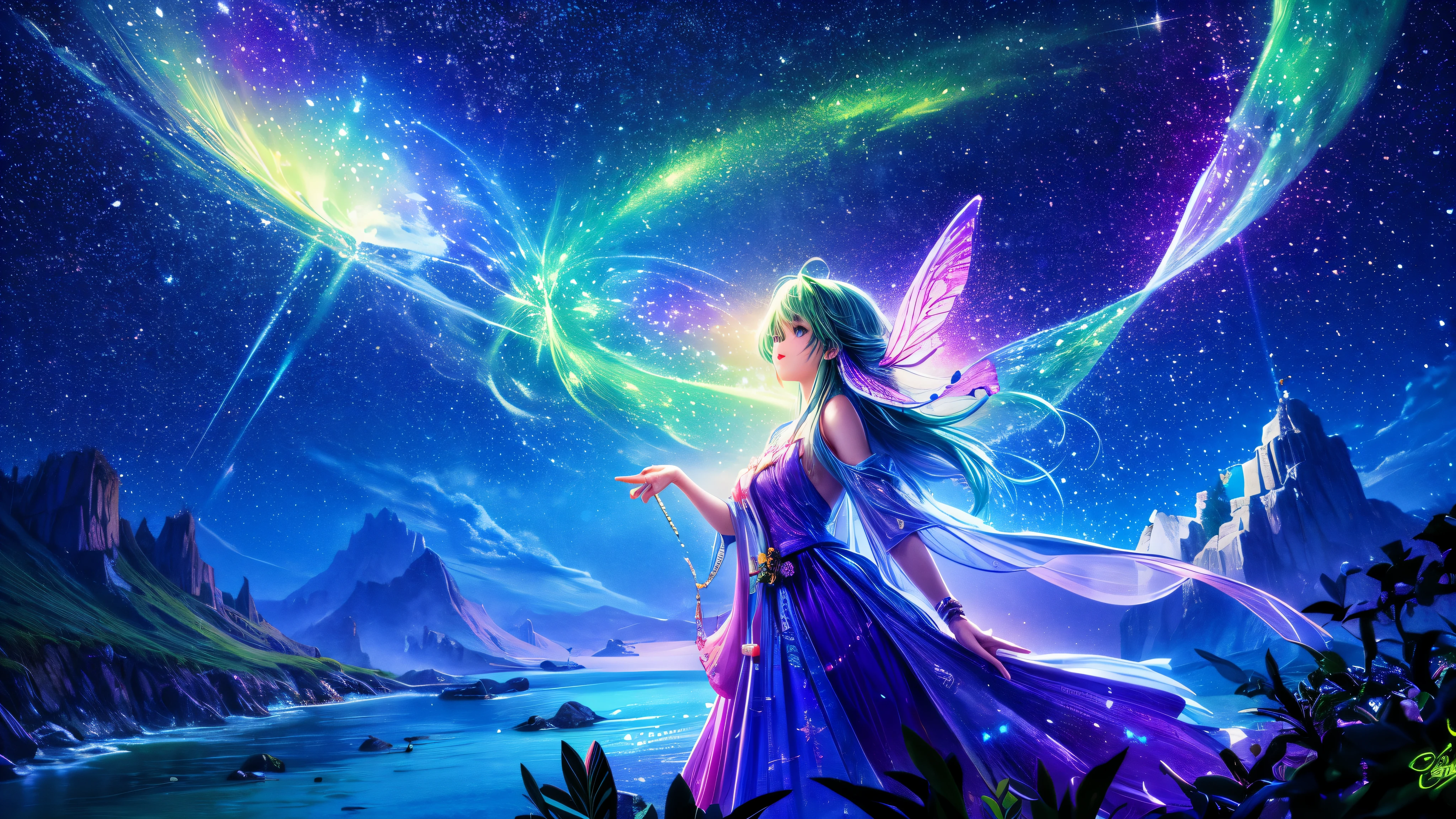 Cute girl characters、green grass々Depicts a butterfly flying over the water, Looking up at the starry sky. Surround her with colorful nebulae and colorful forests.