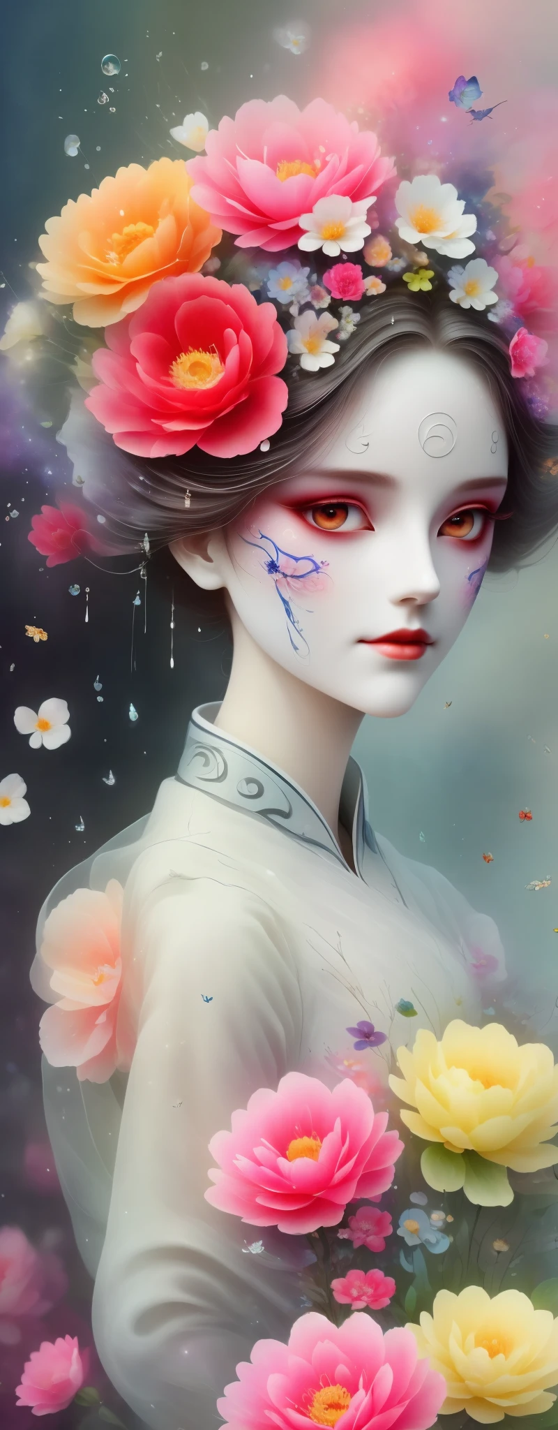 (best quality,4k,8k,highres,masterpiece:1.2),ultra-detailed,realistic:1.37,wet,flowing watermarks,marionette,puppet,mechanical doll,hollow eyes,mask in flowers,white mask surrounded by flowers,3D mask,carved mask,elegant Hanfu,colorful clouds,luminous insects,black,red,green,light and shadow,ethereal and solid,perfect composition,clouds and clothing,flowers and appearance,spring breeze brushing the threshold,dew and rich makeup