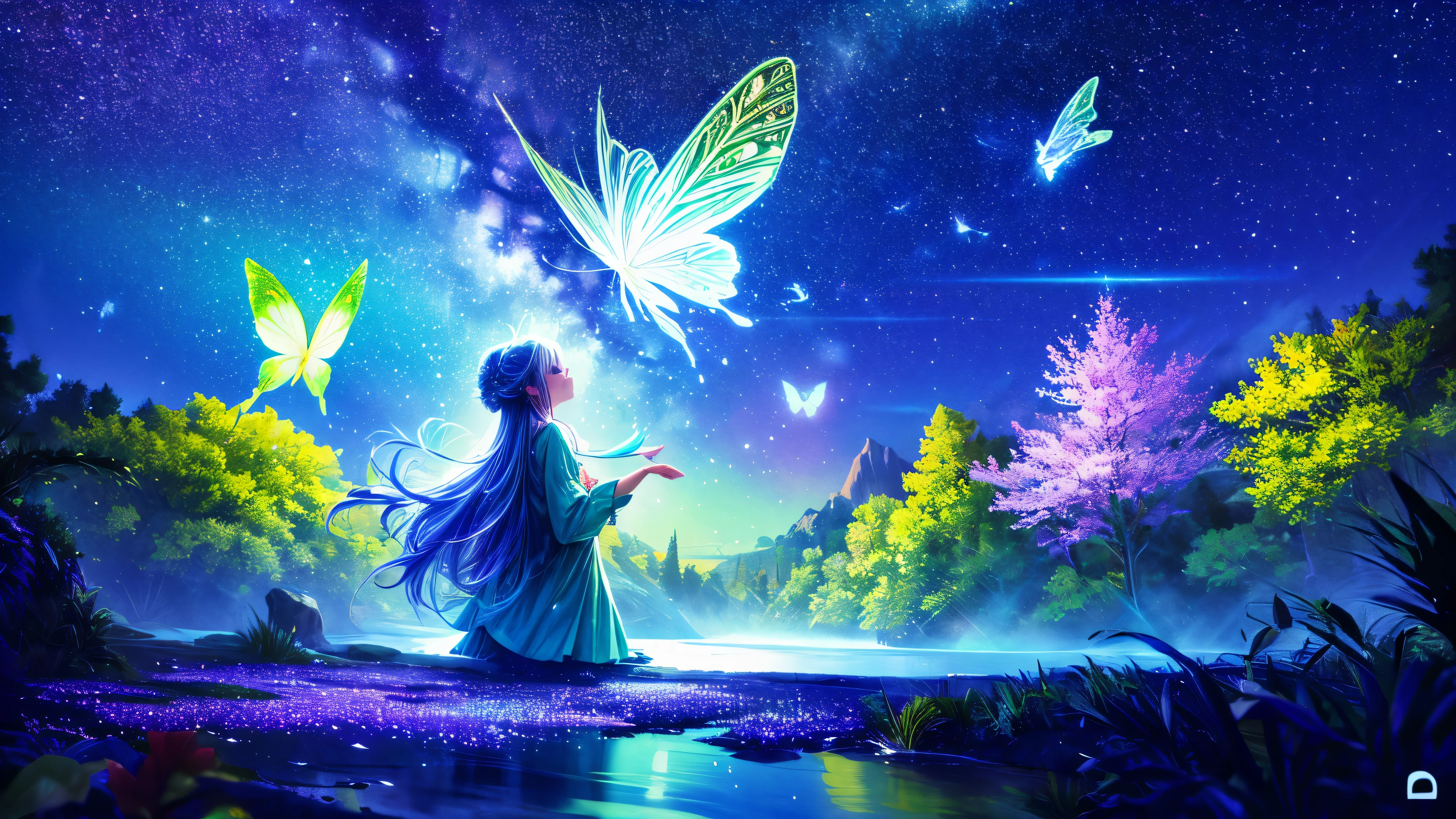 Cute girl characters、green grass々Depicts a butterfly flying over the water, Looking up at the starry sky. Surround her with colorful nebulae and colorful forests.