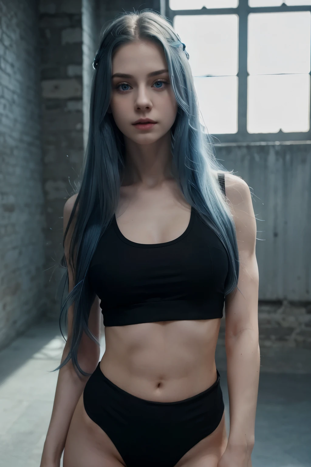 A very attractive pale skin girl with long blue hair and light blue eyes, Very Realistic, 4k, abs, athletic, wearing black crop-top