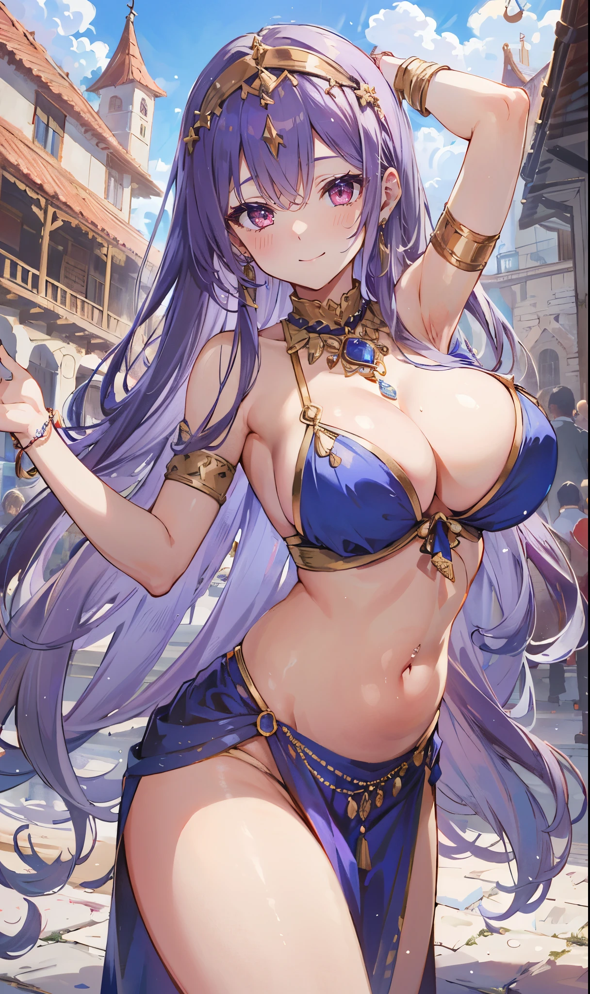 high quality, ultra detailed, best quality, insanely detailed, beautiful, masterpiece, 1girl, plaza, medieval Europe, cowboy shot, red eyes, long hair, light purple hair, (belly dancer, harem outfit, pelvic curtain:1.2), purple costume, bare legs, circlet, earrings, armlets, bracelets, bashful smile, dancing, large breasts, cleavage, soft stomach
