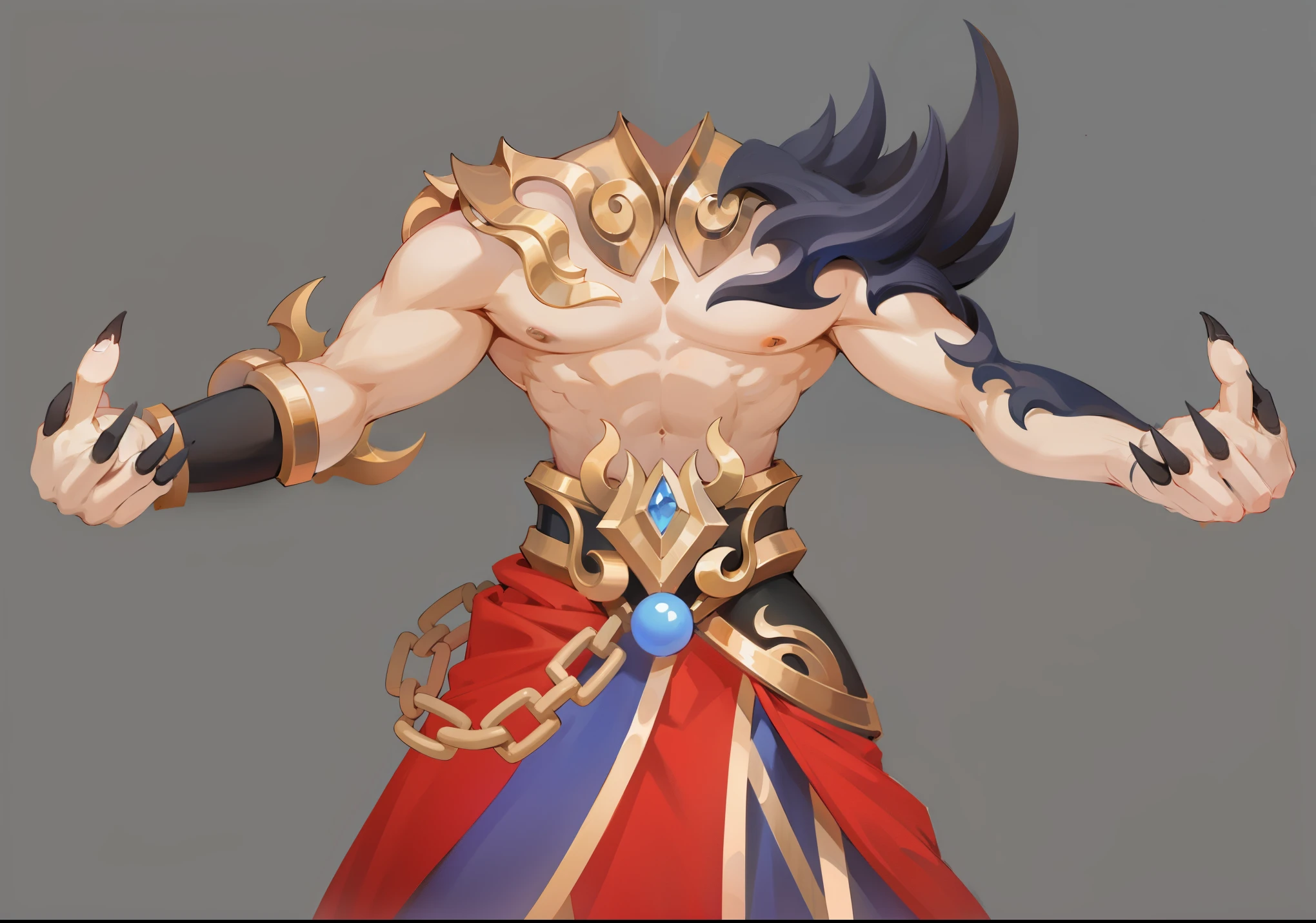 topless，With metal decoration，There are horns on the shoulders，devil&#39;s hands
