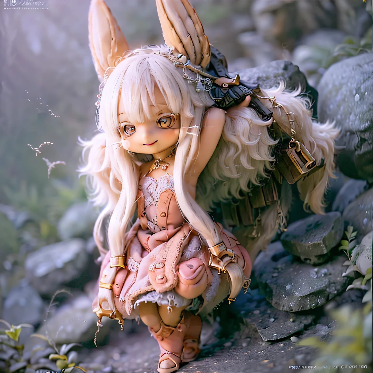 In a garden, a girl with a smile on her face, resembling Nanachi from Made in Abyss. She has beautiful, detailed eyes and lips. The girl is depicted in a (((chibi style,))) . The image quality is of the best quality, with ultra-detailed and realistic features. The artwork medium is a combination of illustrations and photorealistic rendering. The colors are vivid and the lighting creates a warm and cheerful atmosphere casual full body(((((cute pink dress)))))