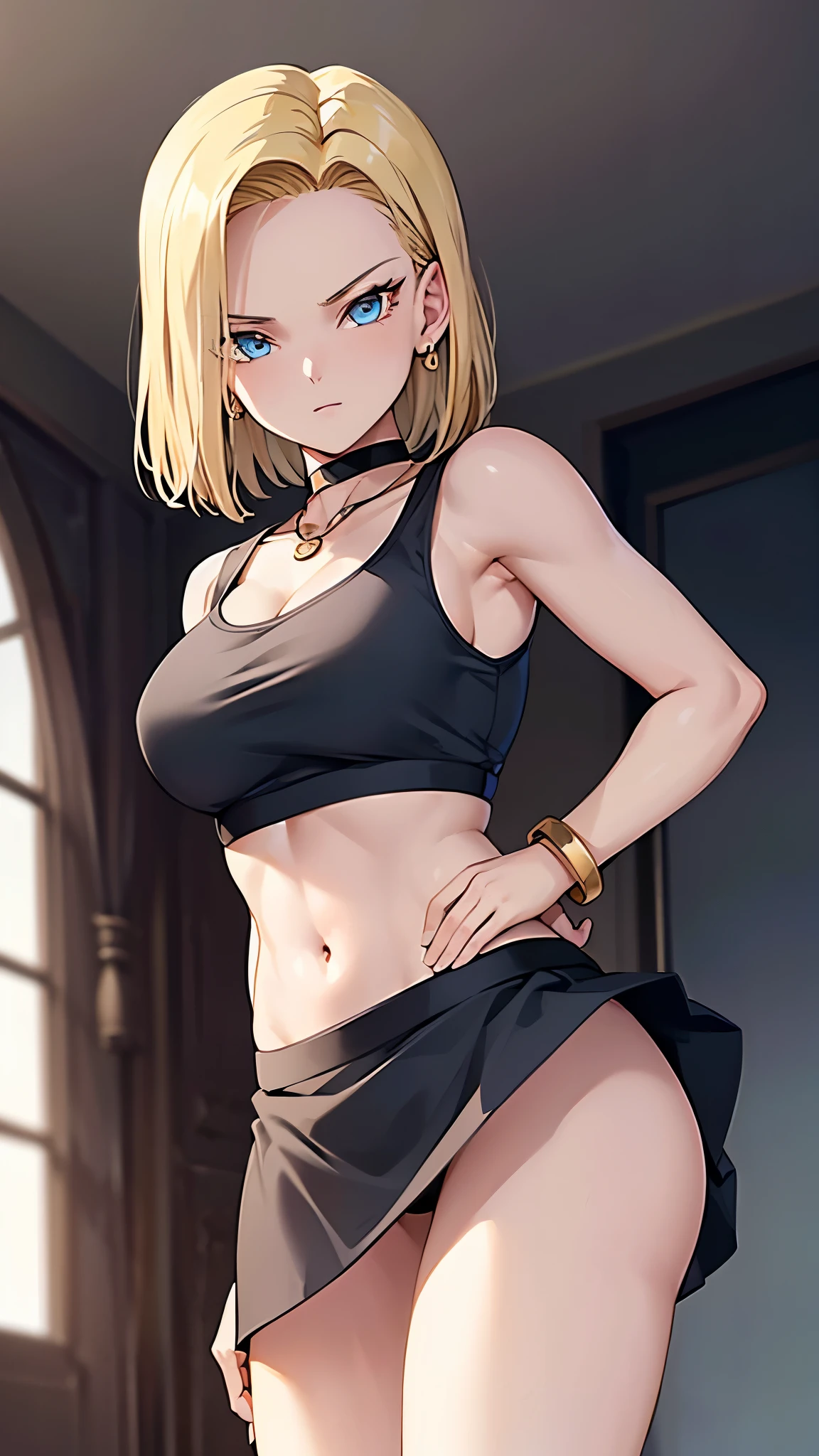 best quality, high resolution, and18, 1 woman, 20 years old, android 18, Android18DB, solo, blonde hair, blue eyes, short hair, earrings, necklace, choker, bracelet, accessories, perfect body, perfect abdomen, perfectly round butt, tight black crop top (under breasts), dark blue short skirt, cleavage, visible abdomen, raised skirt, high stockings, blurred background, (cinematic lighting), (8K), (masterpiece), (weather: windy),