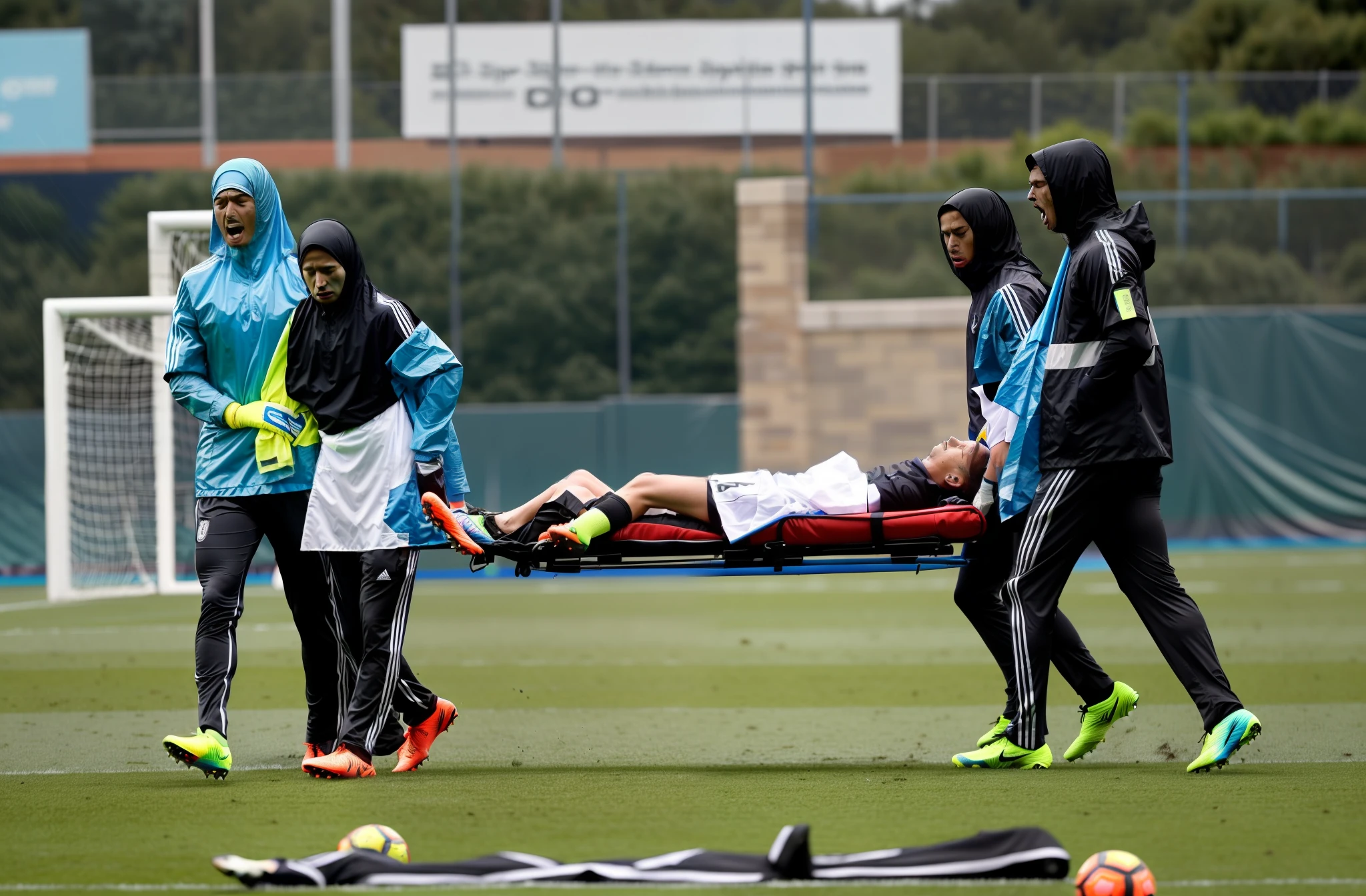 veiled malaysian women are carrying a stretcher, malaysian women carry a stretcher, a soccer scene in a sports stadium, cool and wet weather conditions, humide ground, rainy sky, injury scene in a sports stadium, stretcher carry, there are four female medics carrying a stretcher, there are four female medics in very shiny coats who are carrying a stretcher in a sports stadium, there is a wounded male soccer player in a matte short cotton sports outfit lying on the stretcher, an injured male soccer player in matte cotton sportswear is lying in pain on a stretcher, a soccer player in matte cotton sports clothes is rearing up in intense pain while lying on a stretcher, dramatic scene, theatralic posing scene, dramatic pity scene, injury soccer, first aid, help, pity, there are four female medics in wetlook high-shine coats who are looking very sad and very terrified and very shocked, the injured soccer player is screaming out in pain while he is carried from the pitch on a stretcher
