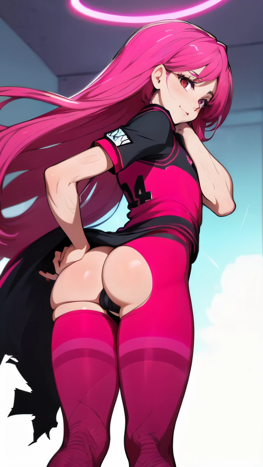 ((Best quality)), ((Masterpiece)), (Detailed), Perfect face, Red eyes, red long hair, male, Blue and red clothes, Cowboy shot, Chigiri Hyoma, soccer ball, Sports uniform, Red halo, (Detailed, sharp details:1.3),(Masterpiece:1.3), 1 boy, Innocent expression, Skin texture, cute, (Masterpiece, Best quality, High quality, High accuracy, ultra-Detailedة:1.1), male Single, Masterpiece, Anime, Masterpiece, Full body, in the fresh air, Masterpiece, Best quality, ultra-high-Detailedة, (White and supple skin), Sophisticated appearance, Well-defined linear segment of muscle, Best quality:1.2), Looking at the scenes, Glowing eyes, Single, beautiful Red eyes, Floating hearts, Heart Eyes, Stunning 4K art style, Cool eyes, Cool eye effects, Radiant lights, Sanpaku, 1 male, long hair, holding a soccer ball, Short sleeves, Great thighs and ass, Stunning 4K style, 8k, blushing, Fishnet upper thigh highs, goth outfit, Ripped socks, Torn upper thigh, pink striped thigh high socks, thigh highs, pink thigh highs, pink colored thigh highs, cute smile, red yoga pants, blowing winds, blush, bulge, small cock, small balls, multiple cocks, cock, small cock, bulging cock, bulging cock in pants, camera from behind, grabbing ass, hands on ass, cock inside ass, looking back at viewer