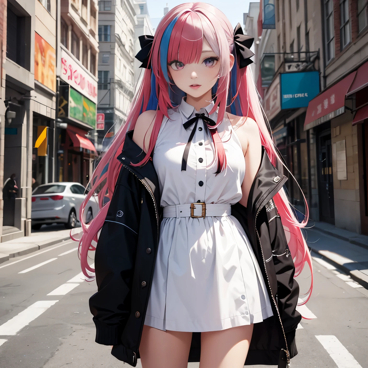 masterpiece, best quality, highres, 1girl, split-color hair, hair over one eye, red hair, multicolored hair, long hair, purple eyes, two-tone hair, hair rings, white dress, headphones, white hair, black ribbon, bangs, very long hair, medium breasts, long sleeeves, open jacket, oversized clothes, standing, street, cowboy shot,
