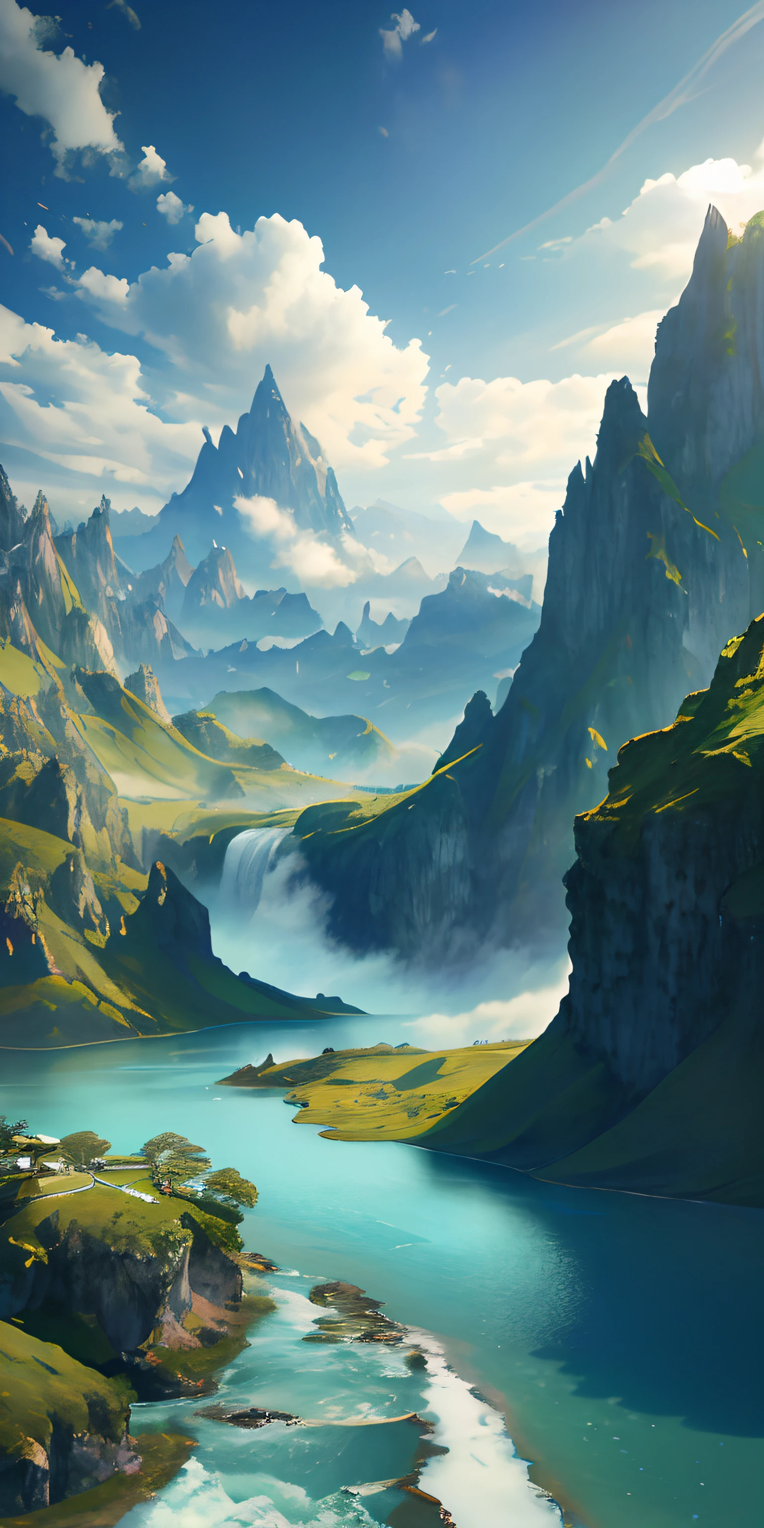 masterpiece, best quality, high quality, extremely detailed CG unity 8k wallpaper, scenery, outdoors, sky, cloud, day, no humans, mountain, landscape, water, tree, blue sky, waterfall, cliff, nature, lake, river, cloudy sky,award winning photography, Bokeh, Depth of Field, HDR, bloom, Chromatic Aberration ,Photorealistic,extremely detailed, trending on artstation, trending on CGsociety, Intricate, High Detail, dramatic, art by midjourney