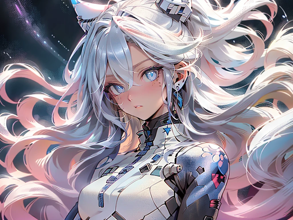 
girl mobile suit pink, higly detailed, whit cute face, best quality, 1girl, sad, long hair, usando uma capa grande com a parte de fora preta e a parte de dentro dourada e pelo branco, capa muito detalhada, ribbon, sentada um uma cadeira vermelha, com a lua de fundo, beautiful, detailed eyes, blue eyes, long hair, highly detailed, finely detail, (stars), (streaked hair), ((Ink Blue hair)), (white inner hair), perfect face,