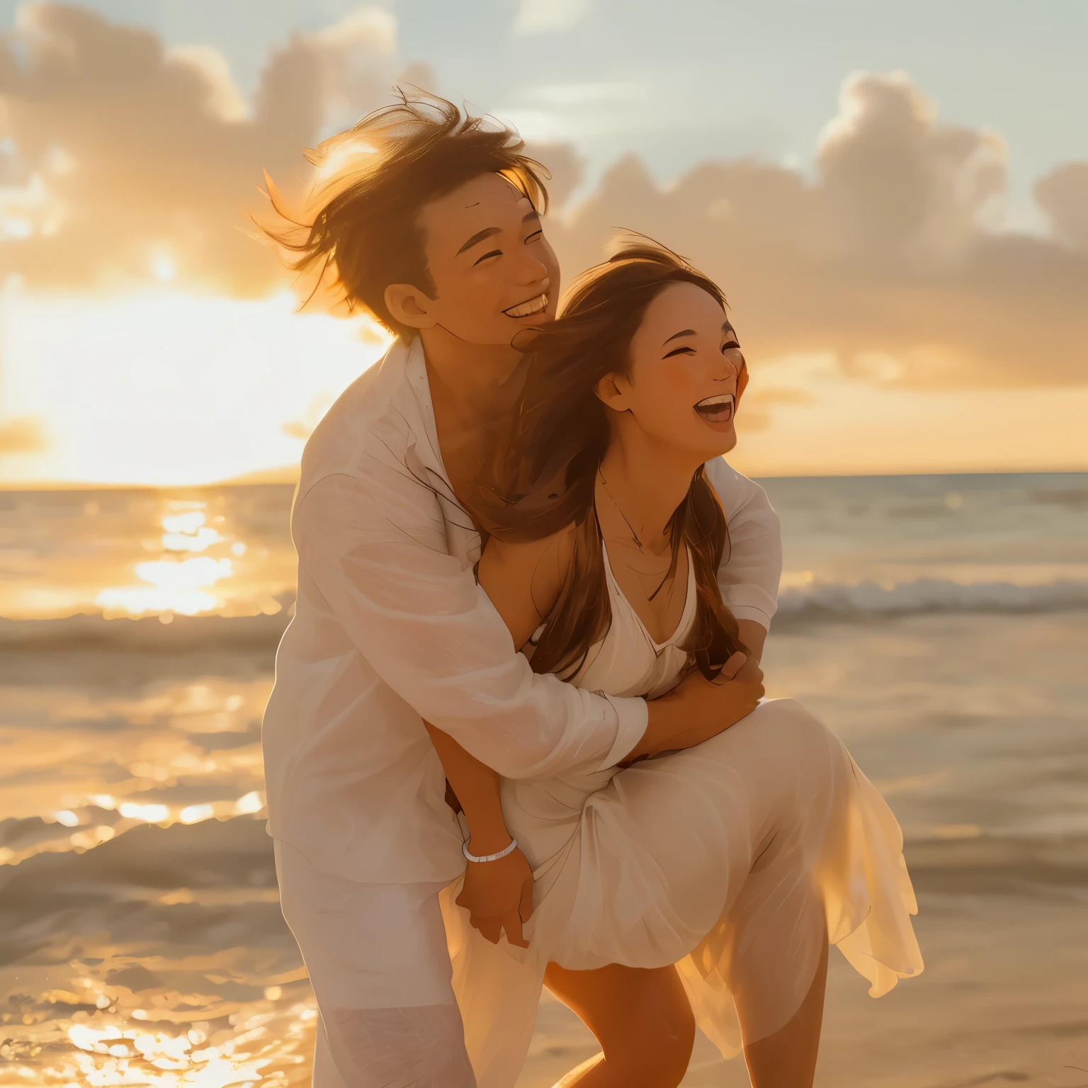 they are having fun on the beach at sunset, happy couple, during sunset, smiling couple, during golden hour, bottom angle, with sunset, golden hour in boracay, on the beach during sunset, a still of a happy, shining golden hour, shot at golden hour, romantic couple, warm glow, lovely couple, (golden hour), ( golden hour )
