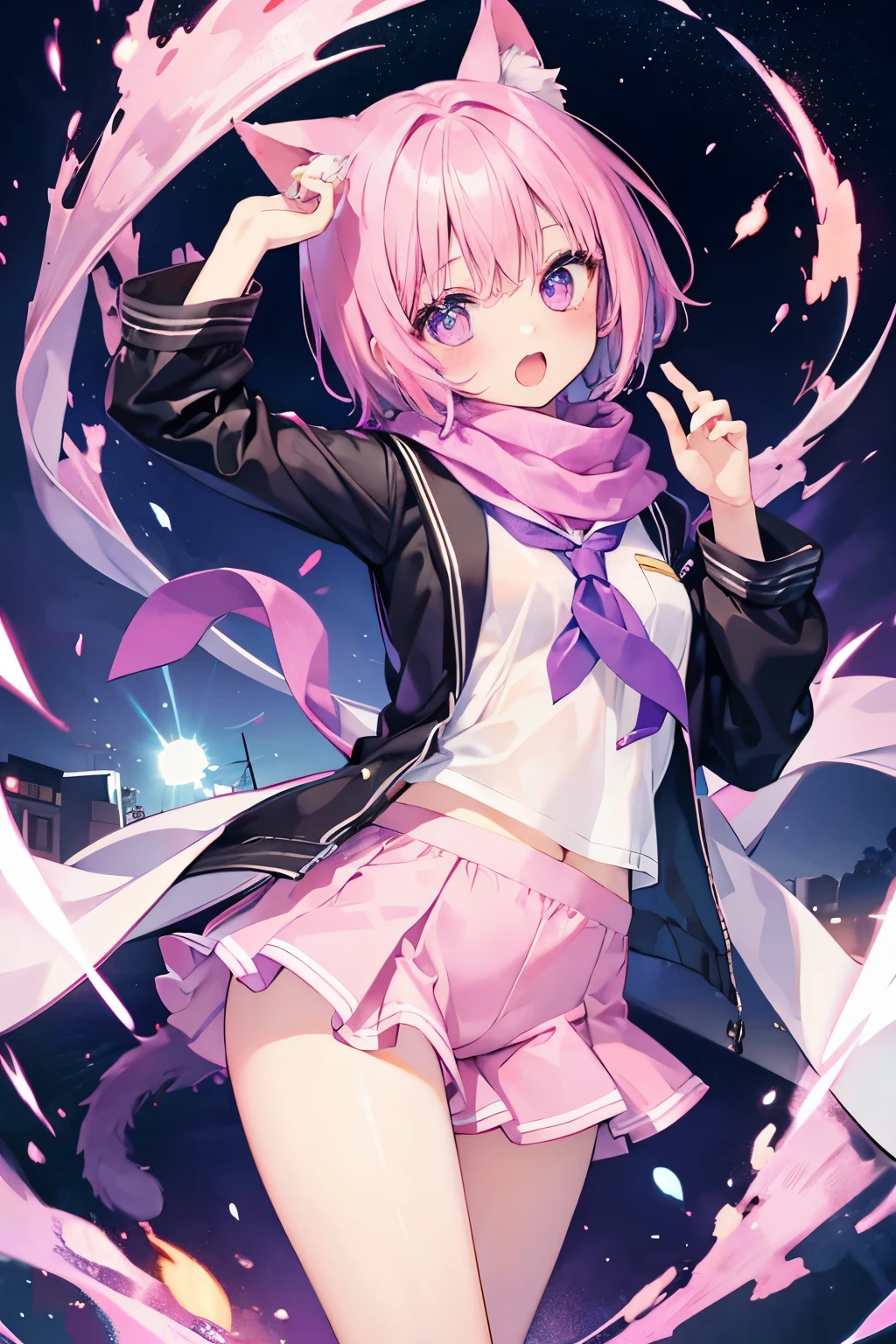 Very beautiful and shining eyes、shining eyes、1 girl、small breasts、big mouth、high school girl、small breasts、Cat ear、Transparent pink short hair、scarf、hot pants、transparent clothes、childish clothes