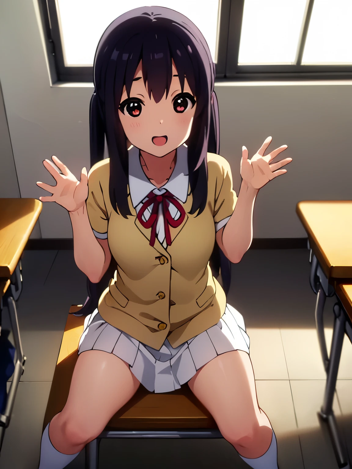 (best quality, masterpiece:1.2), 1girl, (((masterpiece))), (((full body))), (((sit in class))), top-quality, top-quality, High Details, nakano azusa, 1girl, Sakuragaoka High School Uniform, Twin-tailed, length hair, A dark-haired, brown-eyed, solo, reddish, Dark blue blazer with thin blue ribbon, Solid white buttoned shirt under blazer, illustratio, comic strip, soothing tones, Subdued Color, Soft cinematic light, adobe lightroom, photolab, HDR, intricately and hyper-detailed、(((depth of fieldasterpiece)))。(((top-quality))).)((ultra-detailliert)))。(((illustratio)))。(((takeout))).dynamic focus.big breasts.(((School))).(((A classroom))).(((Face of happy smile))). Close eye, open mouth.(((Hands waving))).(((up chest))).((morning glow)).((the setting sun)), solo, anime, anime screencap, ray tracing, ultra resolution image, vivid color, cinematic light, lens flare, light on face, glow eyes, depth of field, happy, detailed background, cute, straight-on, dive dress, navel,