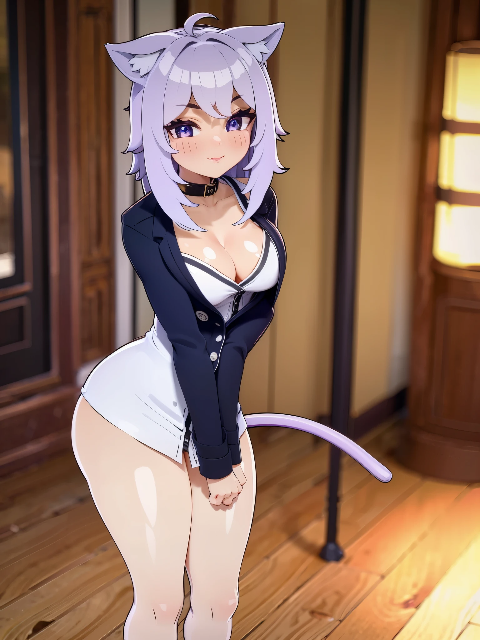 (8k, RAW photos, top quality, masterpiece: 1.2), (High Quality), ray tracing, HDR, (High Details), (Face detail), (Shadow Detail), (amplected), stylized blush, 3d, 3d render, 1girl, solo, masterpiece, best quality, high quality, highres, 4K, beautiful eyes, lip gloss, makeup, woman, detailed, cleavage, thick thighs, 1girl, solo, masterpiece, best quality, high quality, highres, 4K, okayucasual, dress shirt, purple ribbon, naked shirt, open cardigan, cat tail, ahoge
