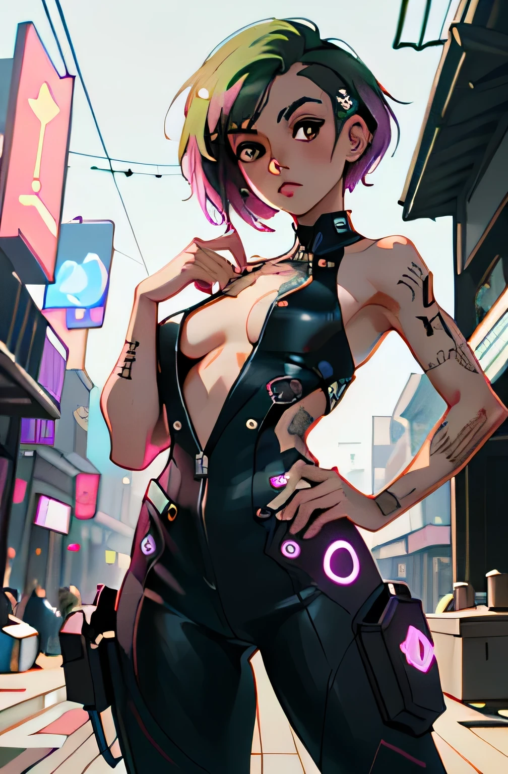(masterpiece:1.2),(best quality:1.2),(high resolution:1.2)
CyberJudy, 1girl, solo, asymmetrical hair, green hair, pink hair, brown eyes, tattoo, cowboy shot, cyberpunk, ilya kuvshinov, artgerm, krenz cushart, Greg Rutkowski, Alphonse Mucha, naked
