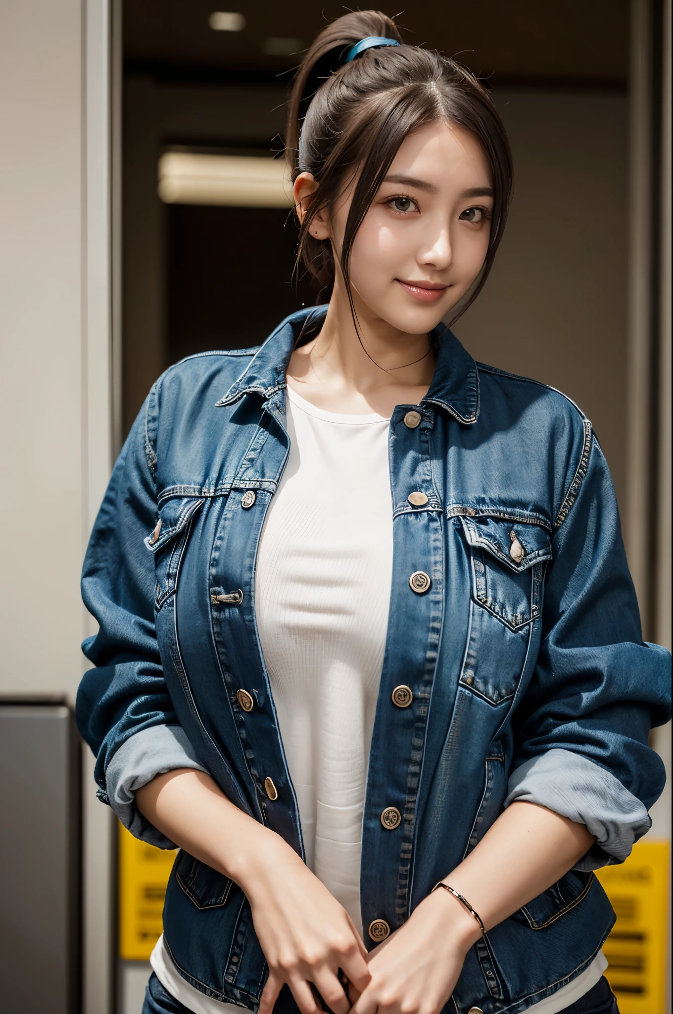 high quality,8K,high resolution,woman,1 personality,realistic texture,(looking at the camera),(smile),(Upward glance 3),(ponytail),(whole body),(Jacket),(denim),(),,