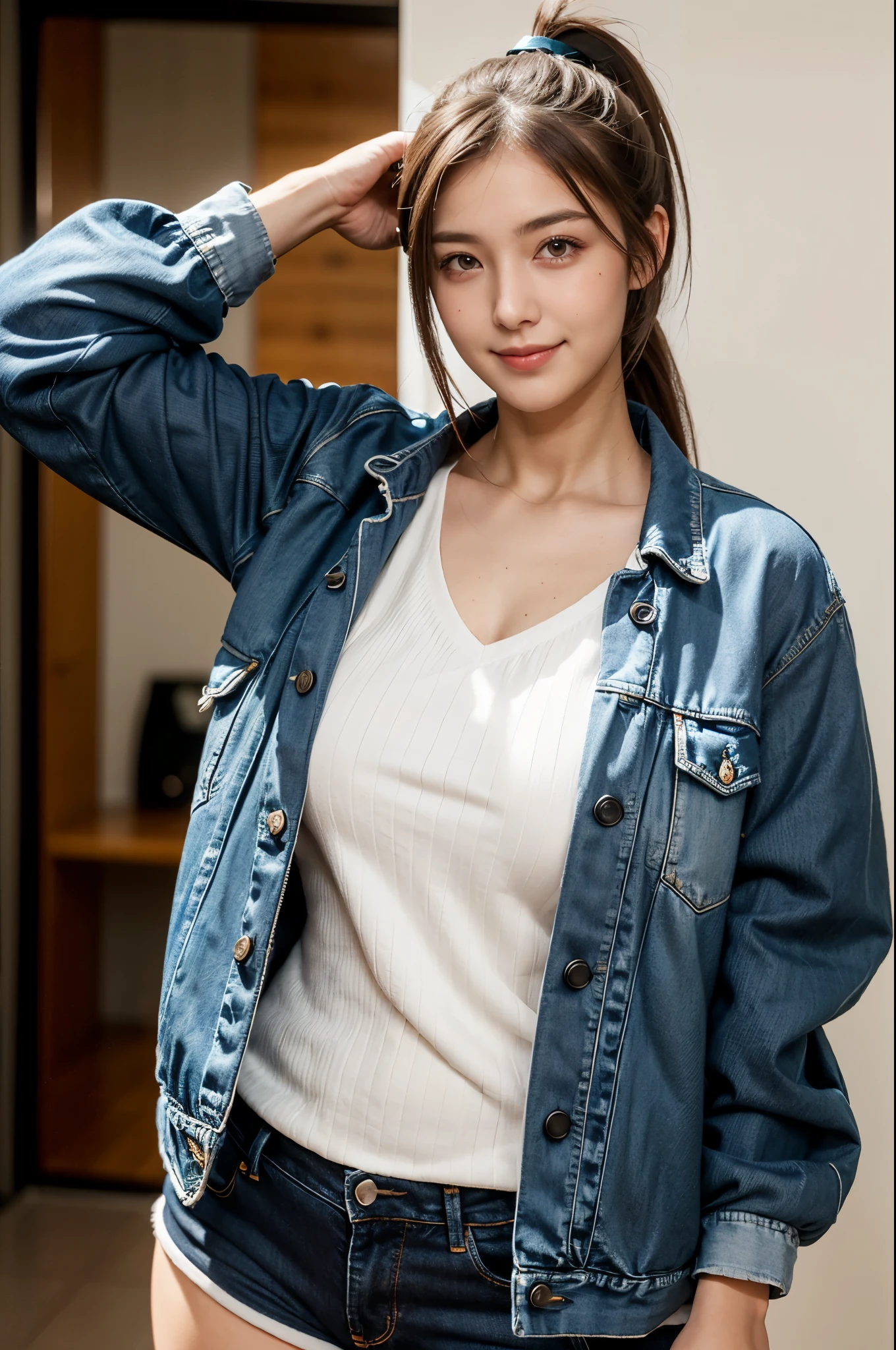 high quality,8K,high resolution,woman,1 personality,realistic texture,(looking at the camera),(smile),(Upward glance 3),(ponytail),(whole body),(Jacket),(denim),(),,