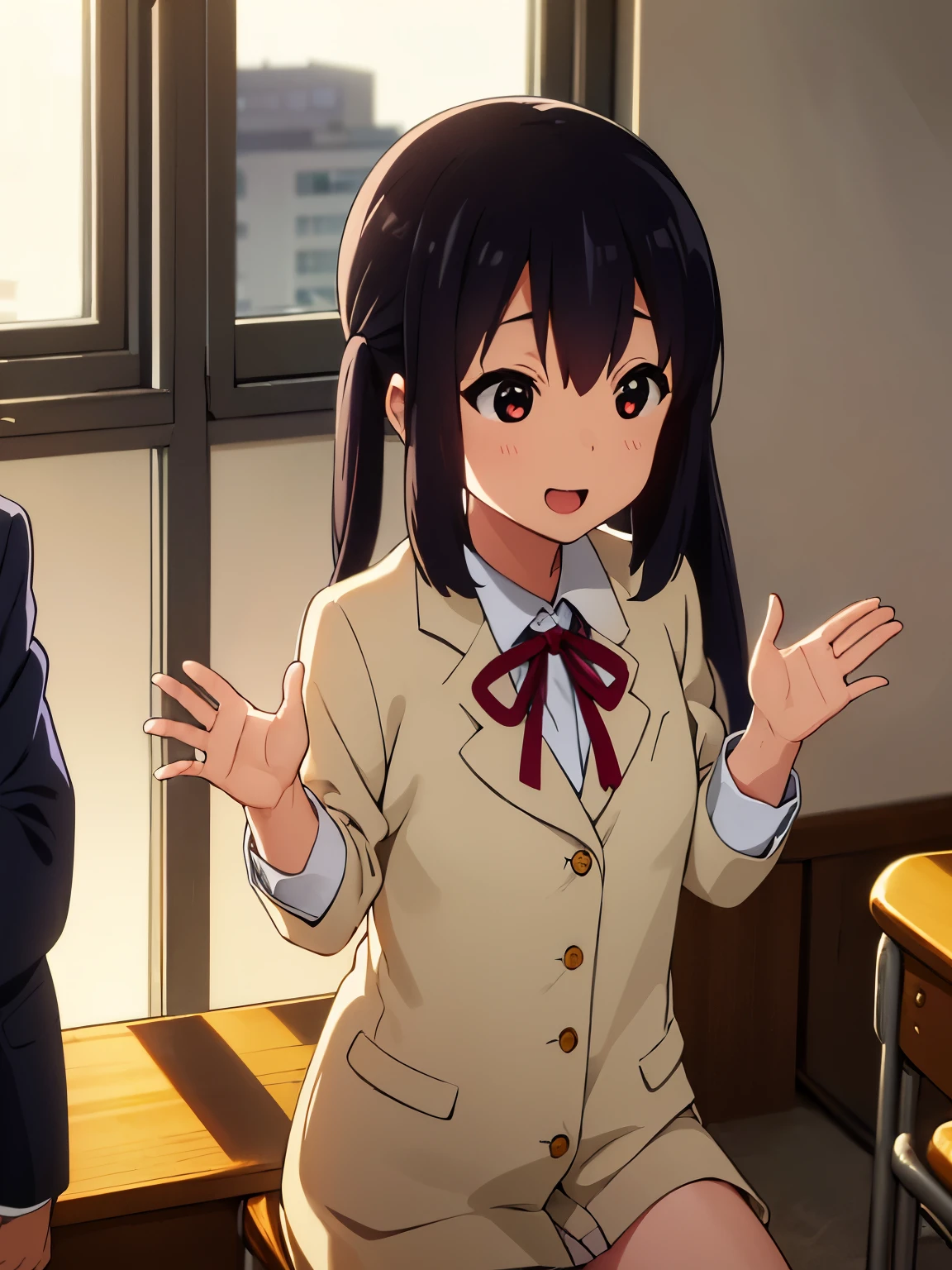 (best quality, masterpiece:1.2), 1girl, (((masterpiece))), (((full body))), (((sit in class))), top-quality, top-quality, High Details, nakano azusa, 1girl, Sakuragaoka High School Uniform, Twin-tailed, length hair, A dark-haired, brown-eyed, solo, reddish, Dark blue blazer with thin blue ribbon, Solid white buttoned shirt under blazer, illustratio, comic strip, soothing tones, Subdued Color, Soft cinematic light, adobe lightroom, photolab, HDR, intricately and hyper-detailed、(((depth of fieldasterpiece)))。(((top-quality))).)((ultra-detailliert)))。(((illustratio)))。(((takeout))).dynamic focus.big breasts.(((School))).(((A classroom))).(((Face of happy smile))). Close eye, open mouth.(((Hands waving))).(((up chest))).((morning glow)).((the setting sun)), solo, anime, anime screencap, ray tracing, ultra resolution image, vivid color, cinematic light, lens flare, light on face, glow eyes, depth of field, happy, detailed background, cute, straight-on, dive dress, navel,