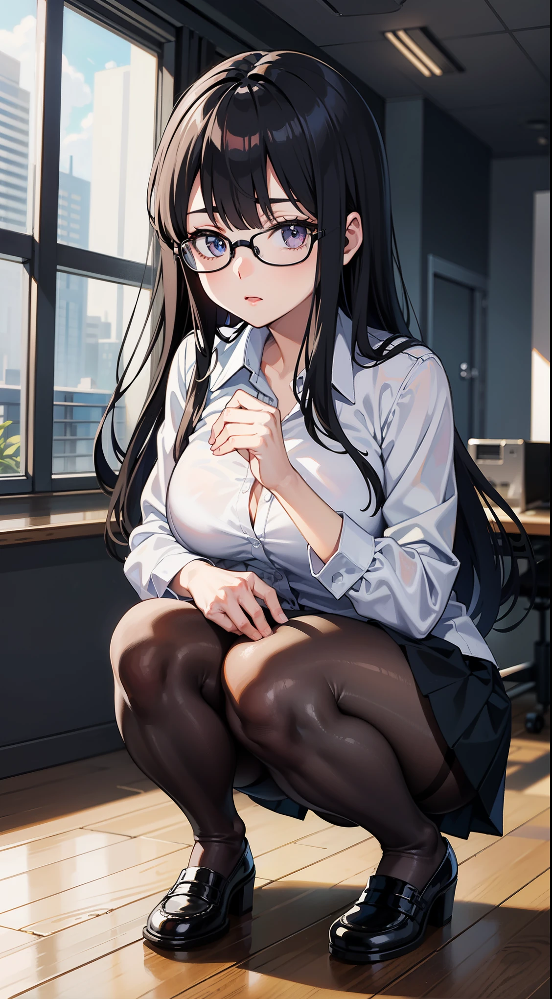 Ugly、　shy look、 　masterpiece、　high quality、　high detail、　anime style、　squatting pose、　looking here、　trying to pick up something、　beautiful breasts、　slender、　sexy、　glasses、　black hair、　long hair、　bangs bangs、　Bangs that extend to both eyes、　white shirt、　black hip skirt、　black pantyhose、　office room、　gloomy character、