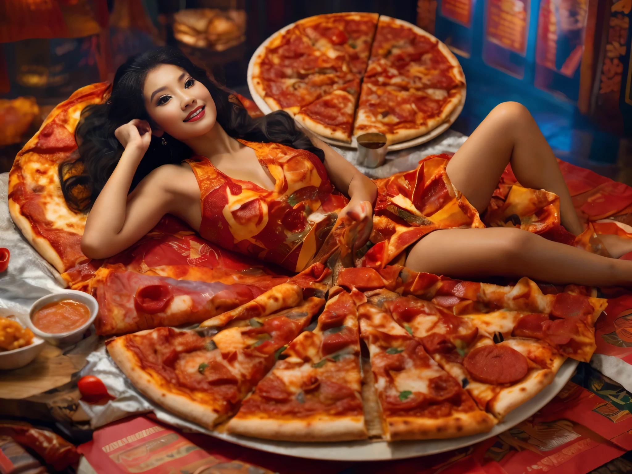 Cuisine, A beautiful smiling Asian woman wearing a dress made of pizza, she sits on the edge of a wooden table with her legs visible, wearing a pizza blanket, she holds a slice of pizza, her mouth is full of melted cheese and chili sauce, perfect body, rich deep color, intricate artwork, masterpiece, vibrant, very high quality model, eye pleasing, cinematic, 4k, epic, sharp focus, blade runner 4k resolution
