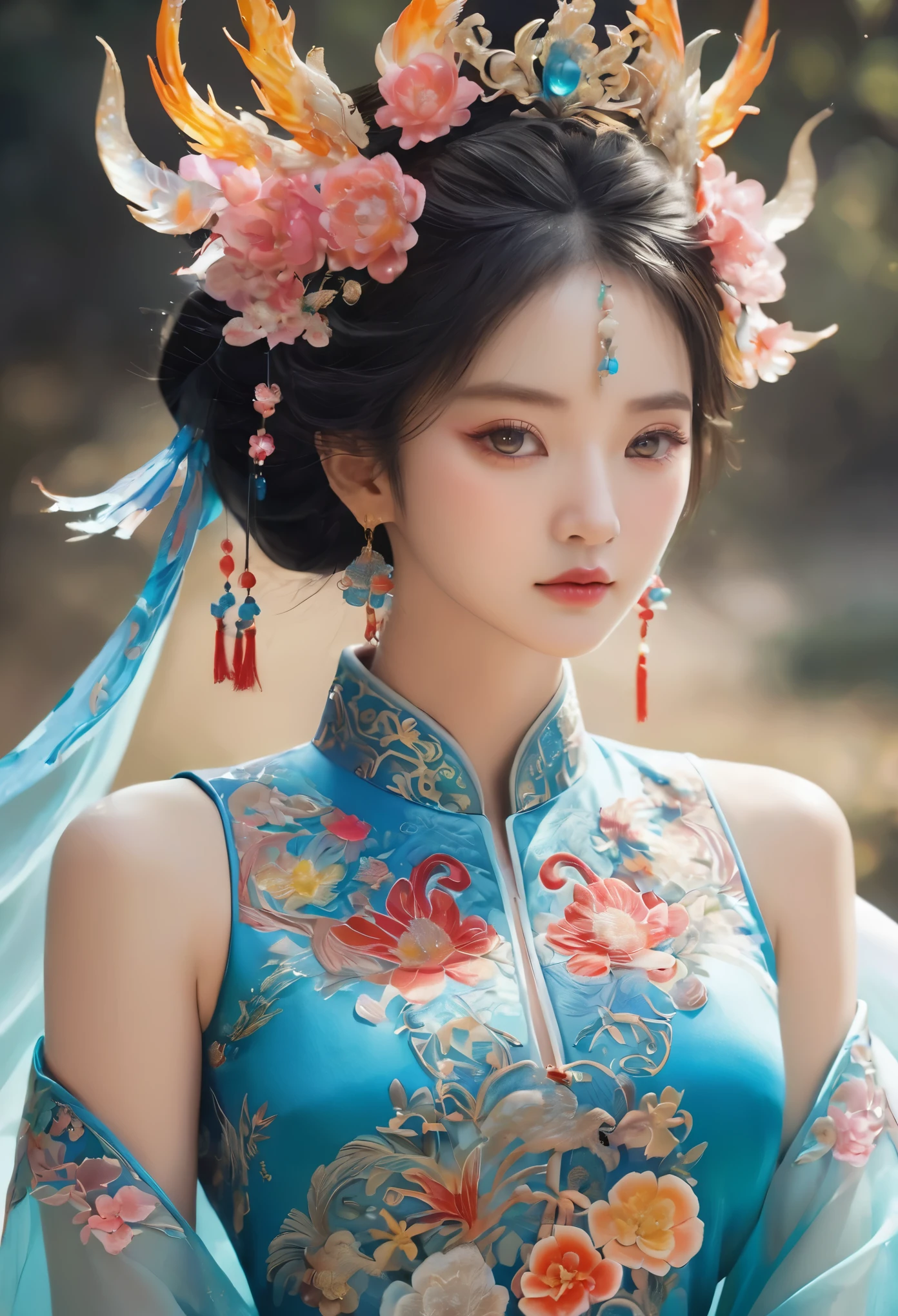 draw embroidery work，dragon embroidery，chinese clothing design，silk fabric，symmetrical style，full body queen、colorful art flowers、Super detailed and detailed images、the flowers are shining、Her eyes are also glowing blue、