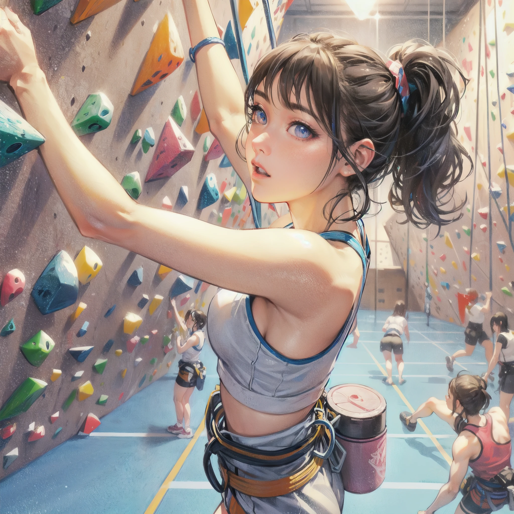 high quality,HD,16k,sharp lines,1 girl,Female sport climbing athlete ,cute face, large breasts, nice legs,At the sport climbing venue,focus girl,detailed beautiful face,detailed clothes,beautiful eyes,cool,dynamic angle