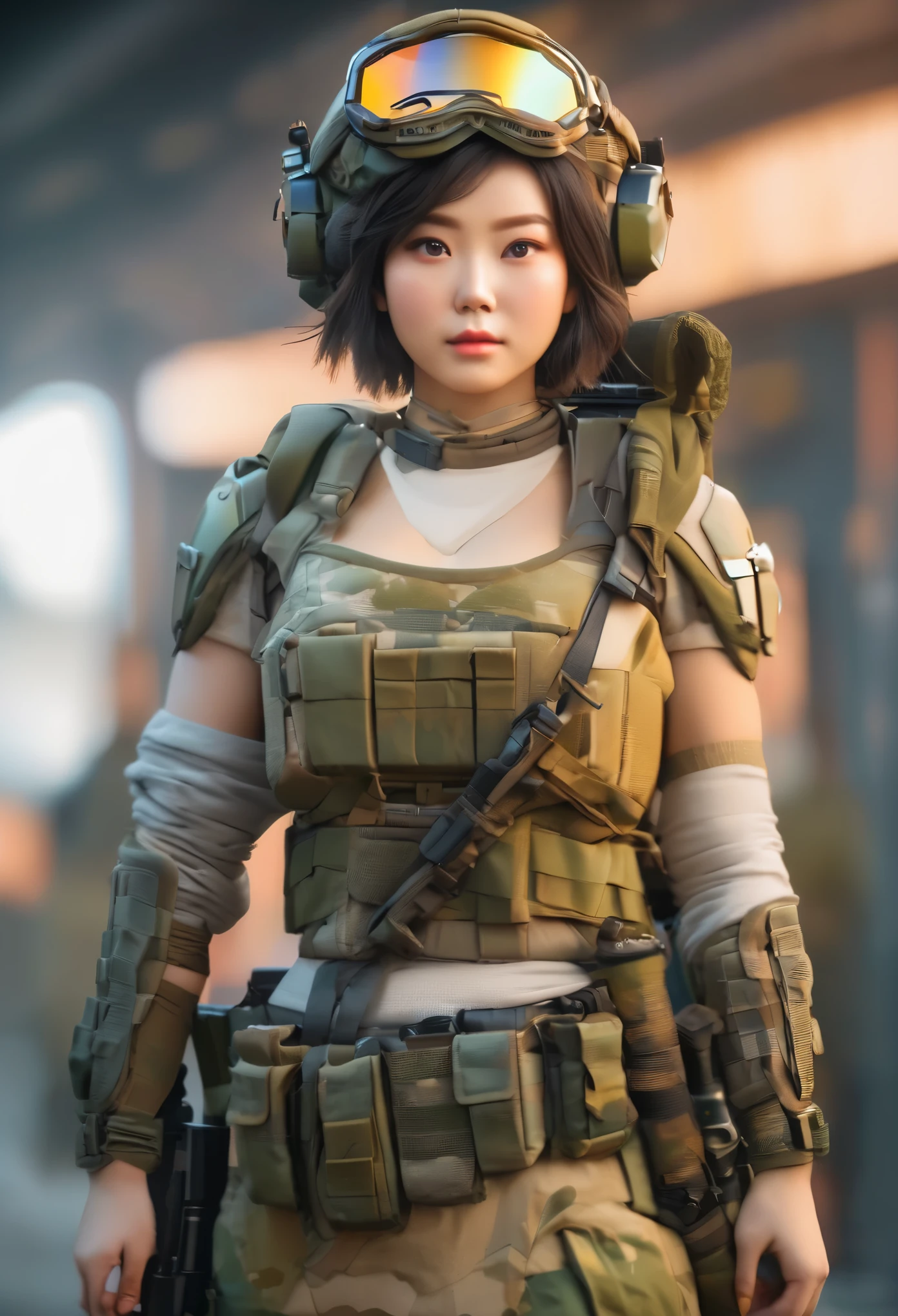 Beautiful chubby asian woman in call of duty style, Full body portrait photo, Photos taken with Canon EOS R5 DSLR camera, light, Super real photos, intricate details, Her face is very delicate