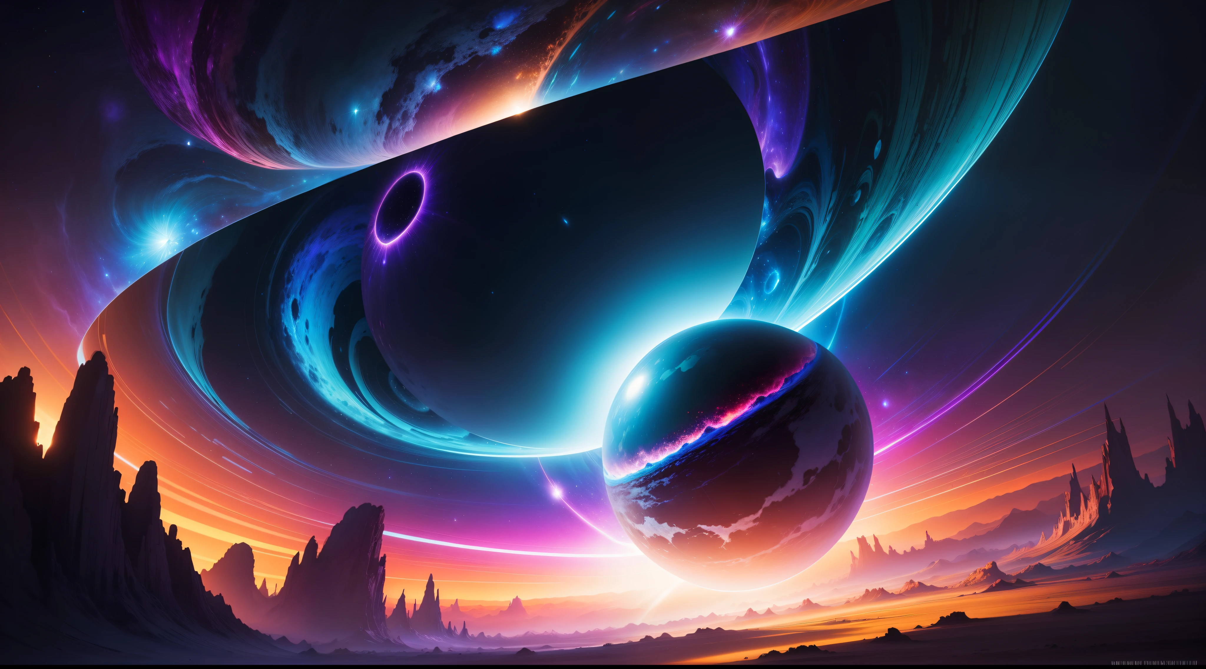 epic cosmic landscape, Mysterious planet, exotic flora, dynamic perspective, bright colors, stunning lighting effects.