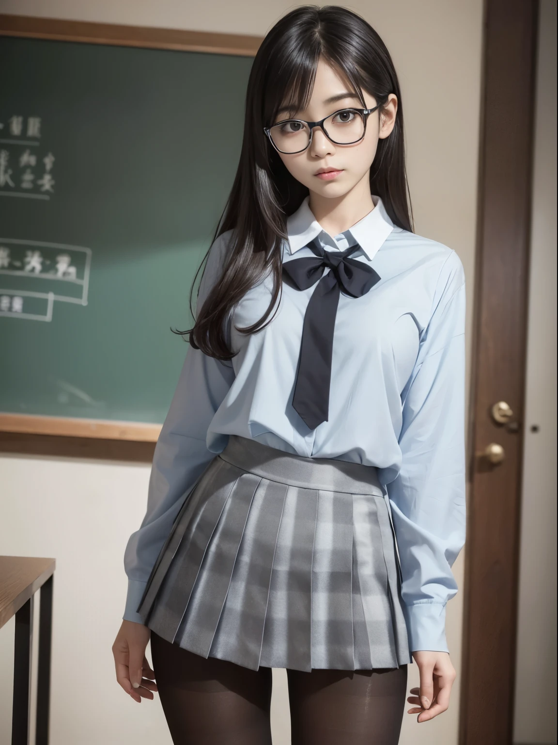 (8k、RAW photography、highest quality、masterpiece:1.2),Cheeky,School,looking at the viewer,Looking at the front,Muchimuchi,erotic,student,Light green Bra,Bra showing through shirt,white skin,knees,,(((black pantyhose)),((black pantyhose)))(((black pantyhose)),((black pantyhose))),absurd,small face,,flat chest,前hairを真ん中から分けます、I can see the forehead,(cold look,きついeye,glare,strong,skinny,skinny)、masterpiece,highest quality、超A high resolution,RAW photo,Len,beautiful feces,one person, solo,glasses,,dark look,small breasts,whole body,丸glasses、cute,JK uniform,high school girl,japanese woman,standing,(Photoreal:1.37)、photon mapping,realistic、beautiful woman,cutesmall face,茶色のeye、black socks、(red bow tie)、radio city、物理ベースのLenダリング、Depth of the bounds written、blurred background、picture,body,teenage girl,beautiful feet, long legs, thin legs,(前hairが見える), hair, lips, green_eye, nose soft,(light blue shirt), (Navy, blue and white plaid pleated skirt), kneesが見える,thin clothing,, thigh, black cotton socks,Nogizaka Idol, actress, Japanese ID information