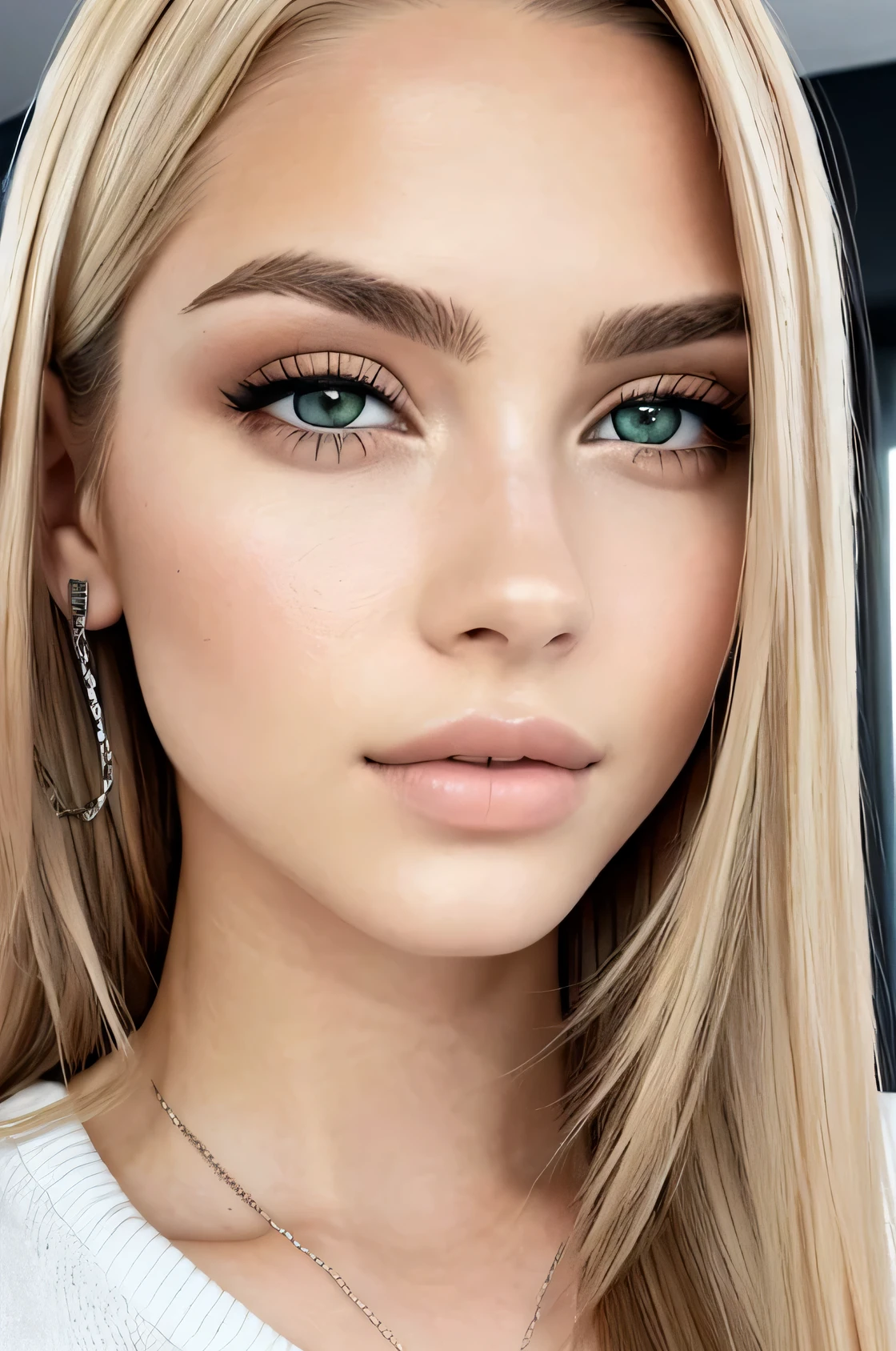 hermosa chica, Verde_eyes, ((beautiful and slim 18 year old teenager, cabello color [marrón highlights cabello], [duendecillo recortado] cabello)), pendientes, labios, realista, cintura estrecha, encantador, pink lipstick, maquillaje colorido, long eyelashes, pendientes, usando delineador de ojos, piel blanca, (hermoso), (cara detallada), ojos verdes claros detallados, iris detallado, light brown hair with light blonde tones , senos grandes, cuerpo entero 