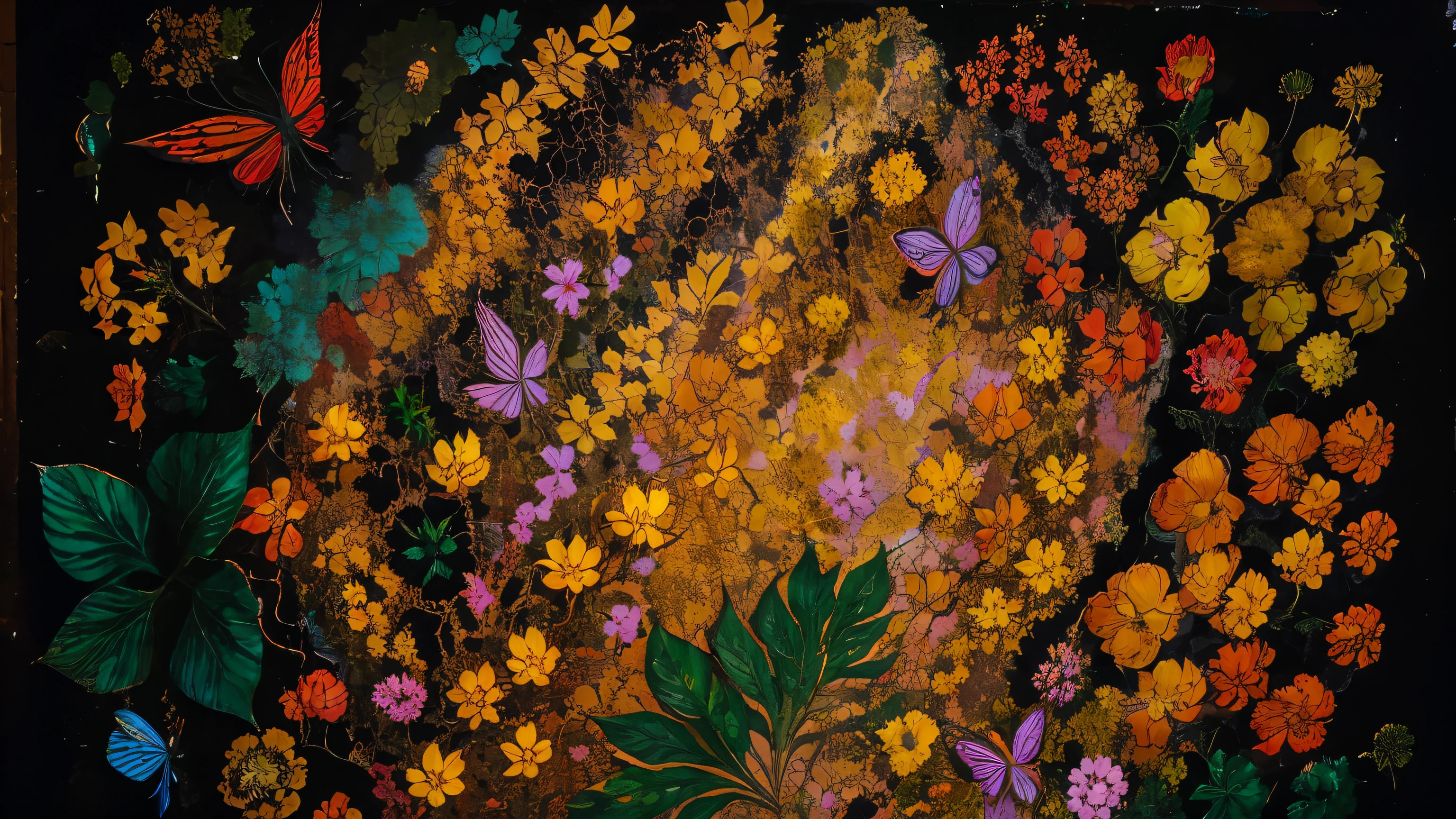 Floral composition of Jade Vine, ghost orchid, Lotus, Camellia japonica, Banksia, Dicentra Formosa, assorted leaves, and butterflies on a dark background