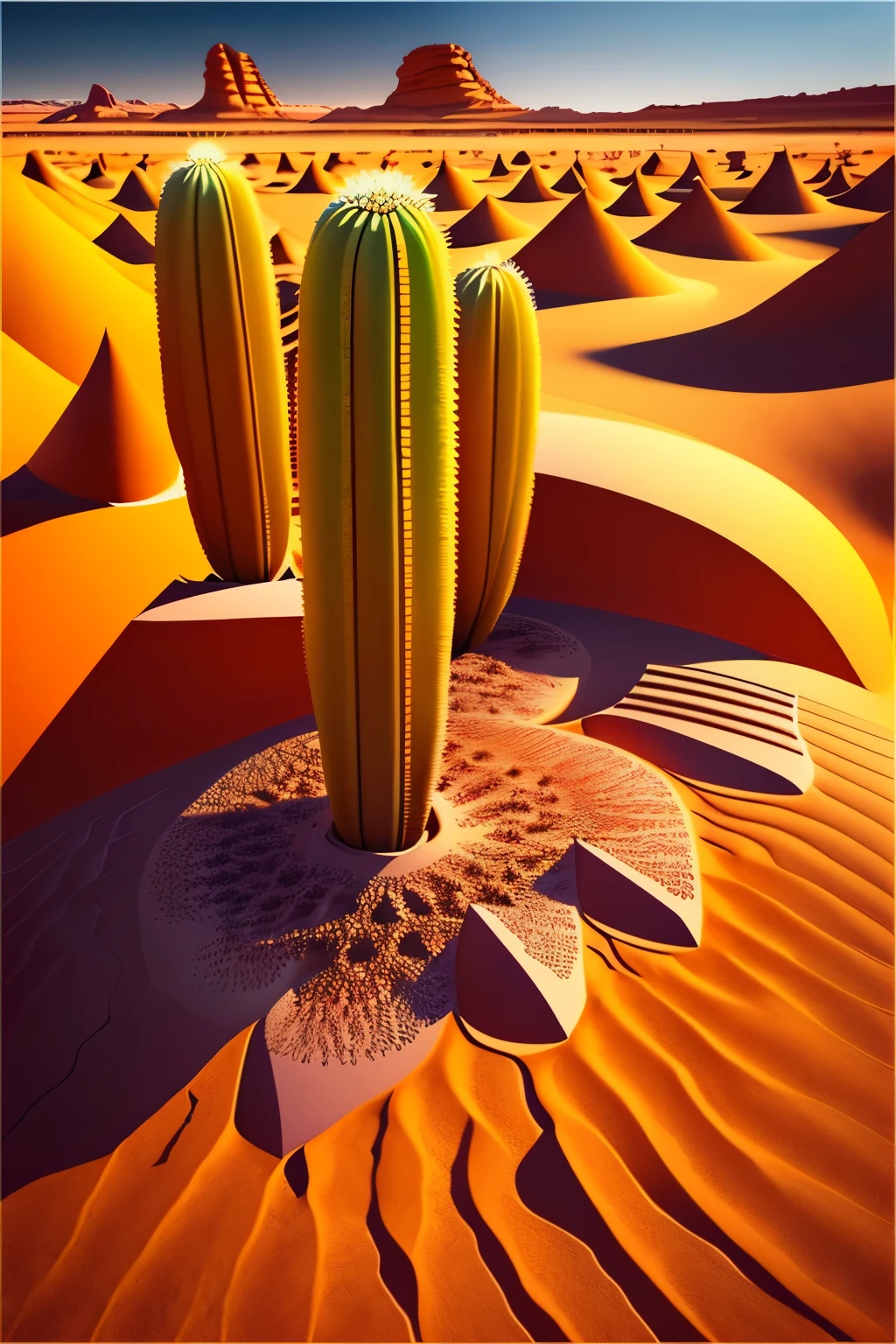 melhor qualidade,4k,high resolution,ultra-detalhado,Realista,Paisagem,Desfiladeiro do Deserto,terreno arenoso,sharp rock formations,dry and arid atmosphere,luz solar radiante,fendas profundas e estreitas,cactos e plantas do deserto,ervas daninhas espalhadas,cordilheira distante,cores vivas,paleta de cores laranja e vermelho,warm sunlight casting long shadows,subtle wind blowing sand particles,horizonte nebuloso e distante,line of sight that stretches for miles,desabitado e sereno,majestoso e inspirador.