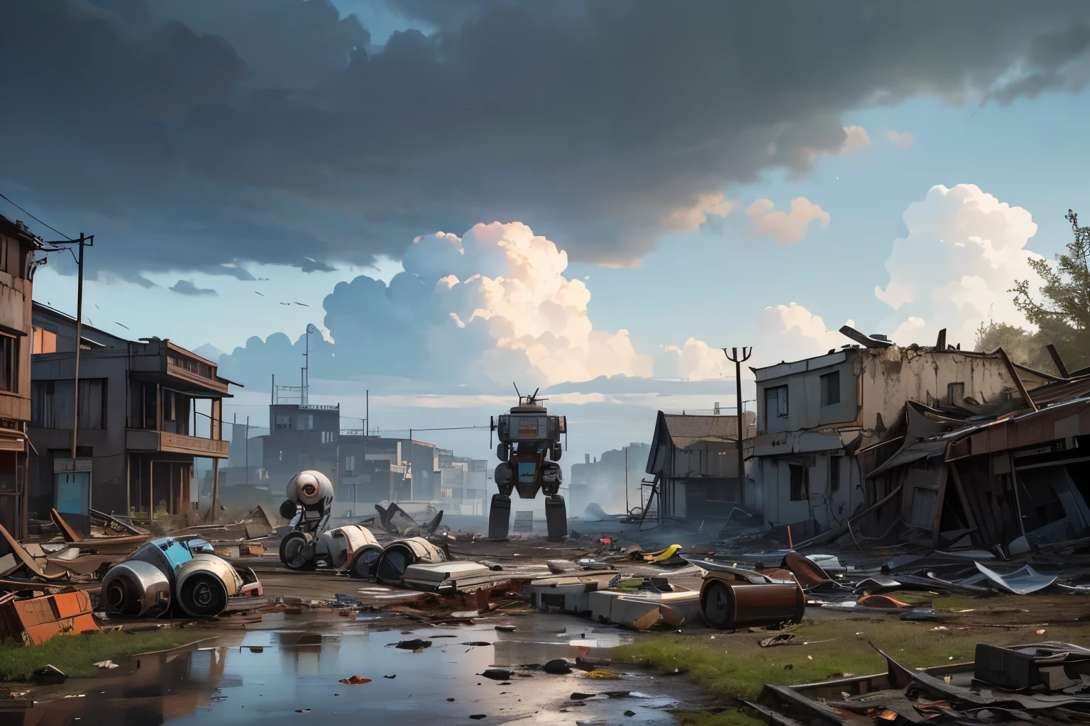 (16k RAW photo,best quality, masterpiece:1.2), (realistic, photo-realistic:1.37), Abandoned and (broken robots) lying on the ground, rusting from the rain, a group of abandoned machines in ruins, parts of opportunity scattered here and there, piles of scrap iron, cloudy skies,
