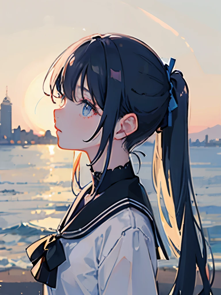 (masterpiece, side light, Super detailed, Delicate and beautiful eyes: 1.2), 1 girl, Bag, building, from the side, earphone, 头戴式earphone, jacket, Long silhouette, blue hair,alone, seaside,Look at the sea,light and shadow,afternoon,soda,喝soda,Look at the sea,cool, upper body, masterpiece, best quality