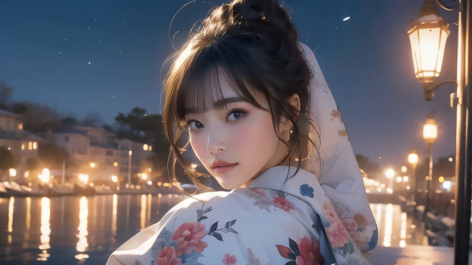 ((masterpiece)), (highest quality), official art, Very detailed CG, unity 8k wallpaper, (beautiful detailed face, beautiful detailed eyes),(((best quality,masterpiece))),(a beautiful girl,(flower pattern) kimono),(anime style),(Snow cover,night_sky ,fireworks,Matsuri, nature view),more detail XL,EpicSky,cloud,brown hair,brown eyes,