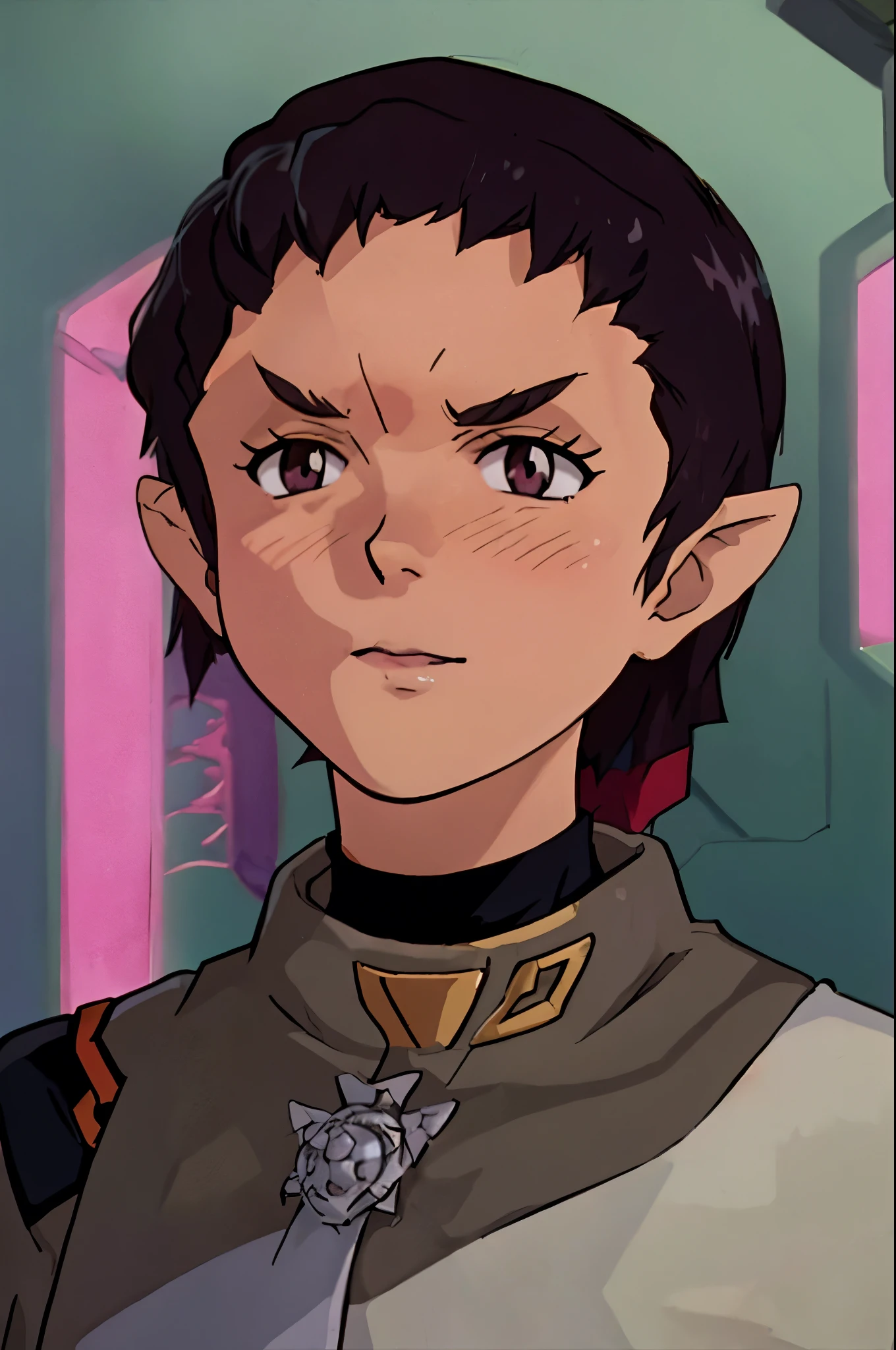 masterpiece high quality best quality evangelion anime style vibrant romulan female pointy eyebrows pointy ears forehead ridge