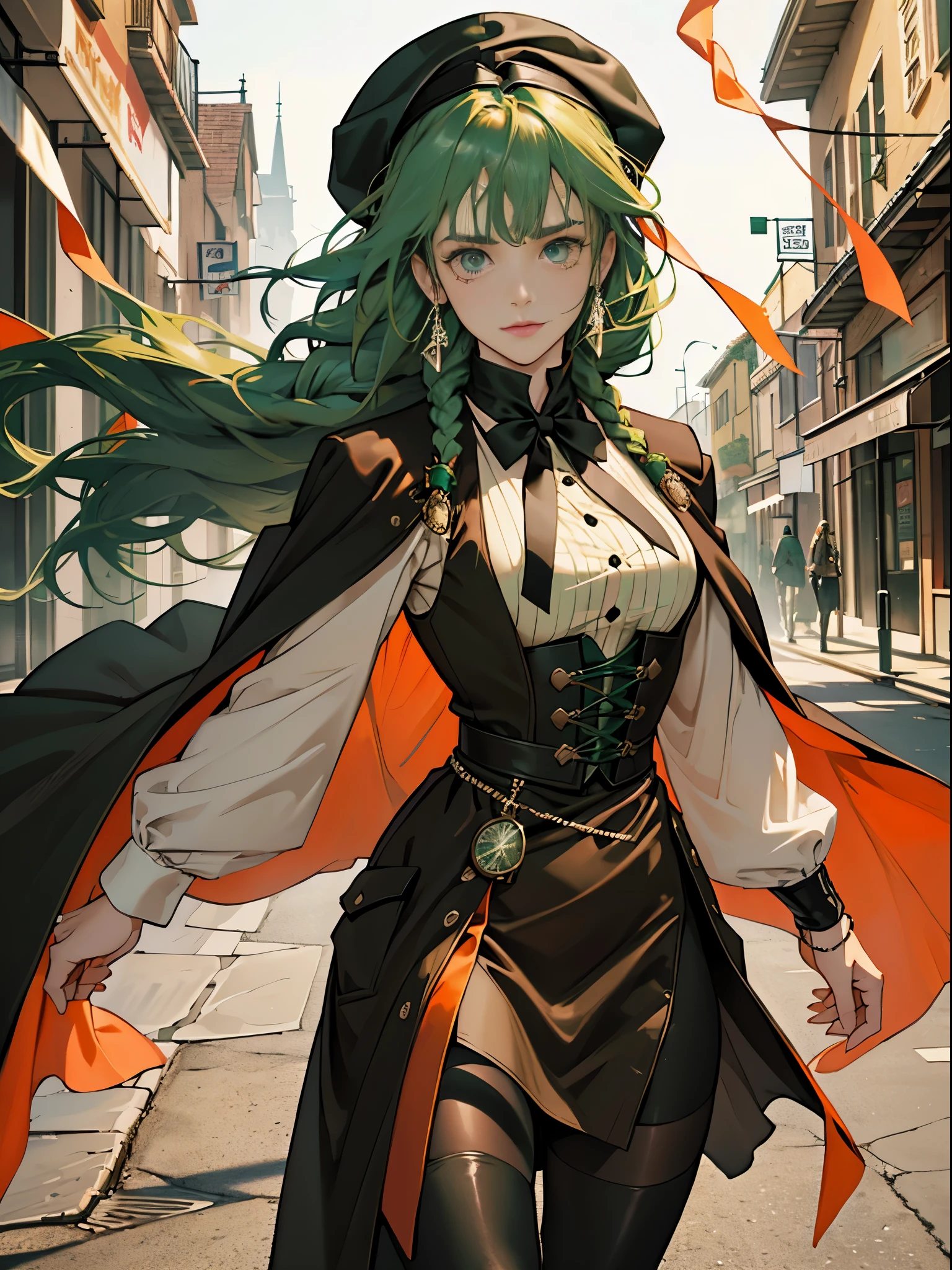 masterpiece, Super detailed, 8K portrait, RAW photo, portrait photography, highly detailed face, beautiful and detailed eyes, ((fantasy)), young and beautiful, 22 years ago, dynamic pose, (((long straight deep green hair))), ((One side is braided with an orange colored ribbon)), dull bangs, beret, white skin color, luxury, hooded (((Dark brown))) (((Silk Long Cloak))) fluttering in the wind, (((dress shirt))), (((silk maxi skirt))), leather corset, (((dark thigh high tights))), High Cut Leather Boots, (((Lift a long magic wand))), ((Wear a pocket watch)), midday sun, surreal, body model, small breasts, beautiful breasts, long legs, Inside the city, environmental lighting, shadow details , focus the camera on the face, strong wind, light fog