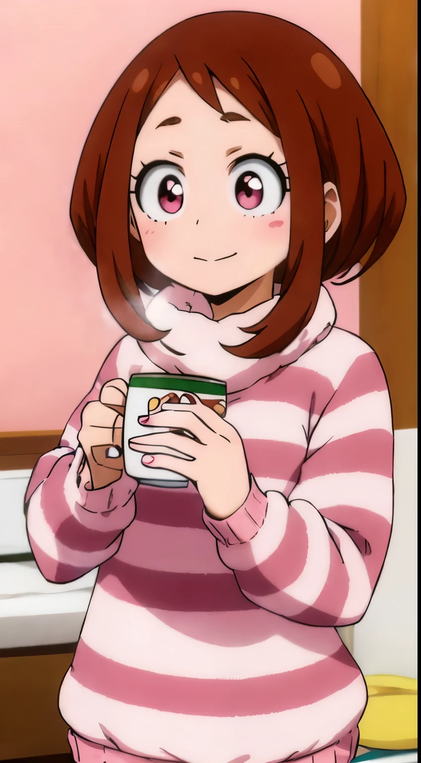 uraraka ochaco, 1girl, drinking from a cup of tea, in a striped sweater, furry sweater, ((drinking a cup of tea)), extremely cute anime girl face, cute anime, with a cup of hot chocolate, (anime girl), drinking tea, looking at the viewer, pink sweater, sitting on the bed, pink background