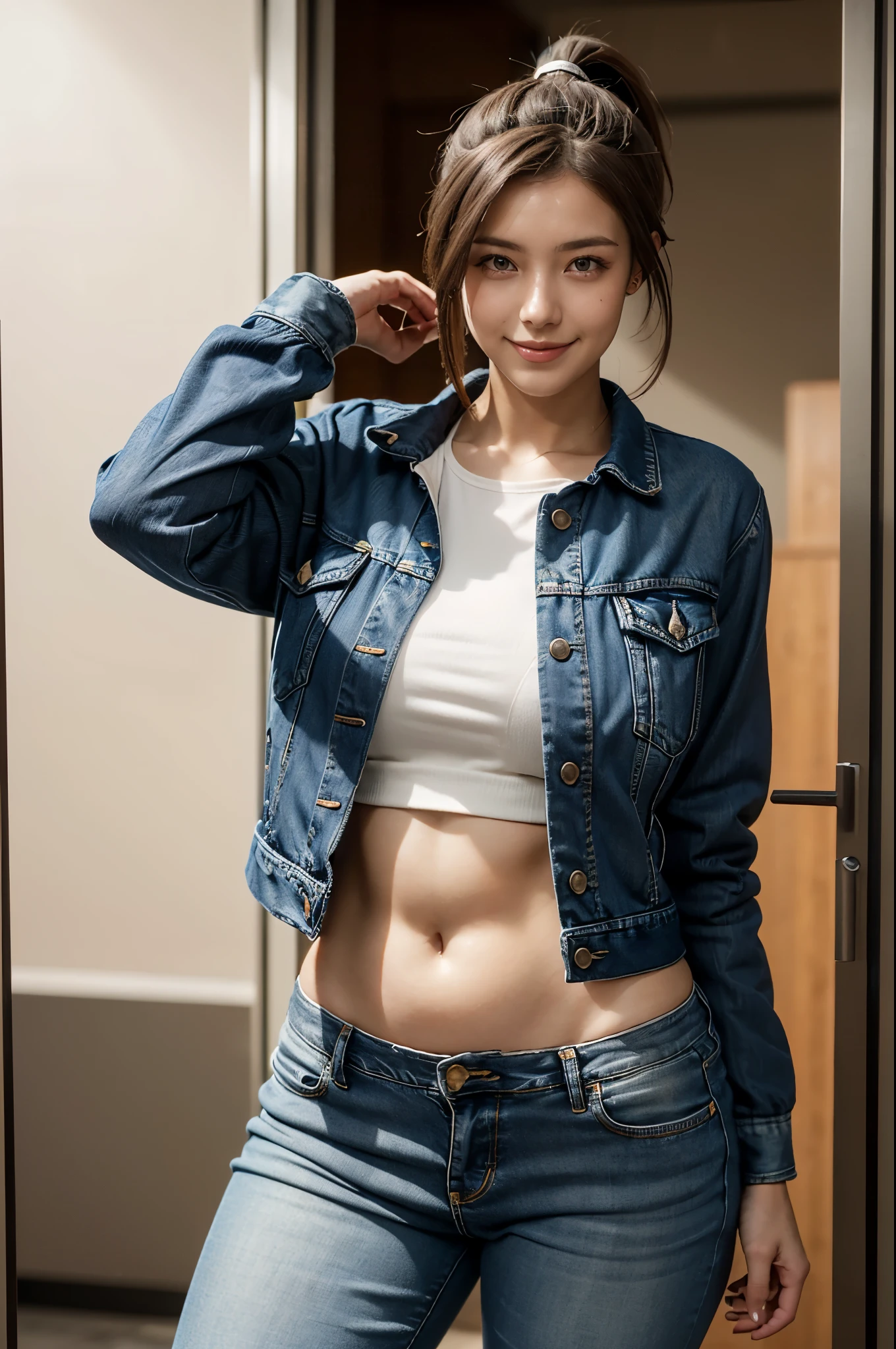 high quality,8K,high resolution,woman,1 personality,realistic texture,(looking at the camera),(smile),(ponytail),(whole body),(Jacket),(denim),(oil),,
