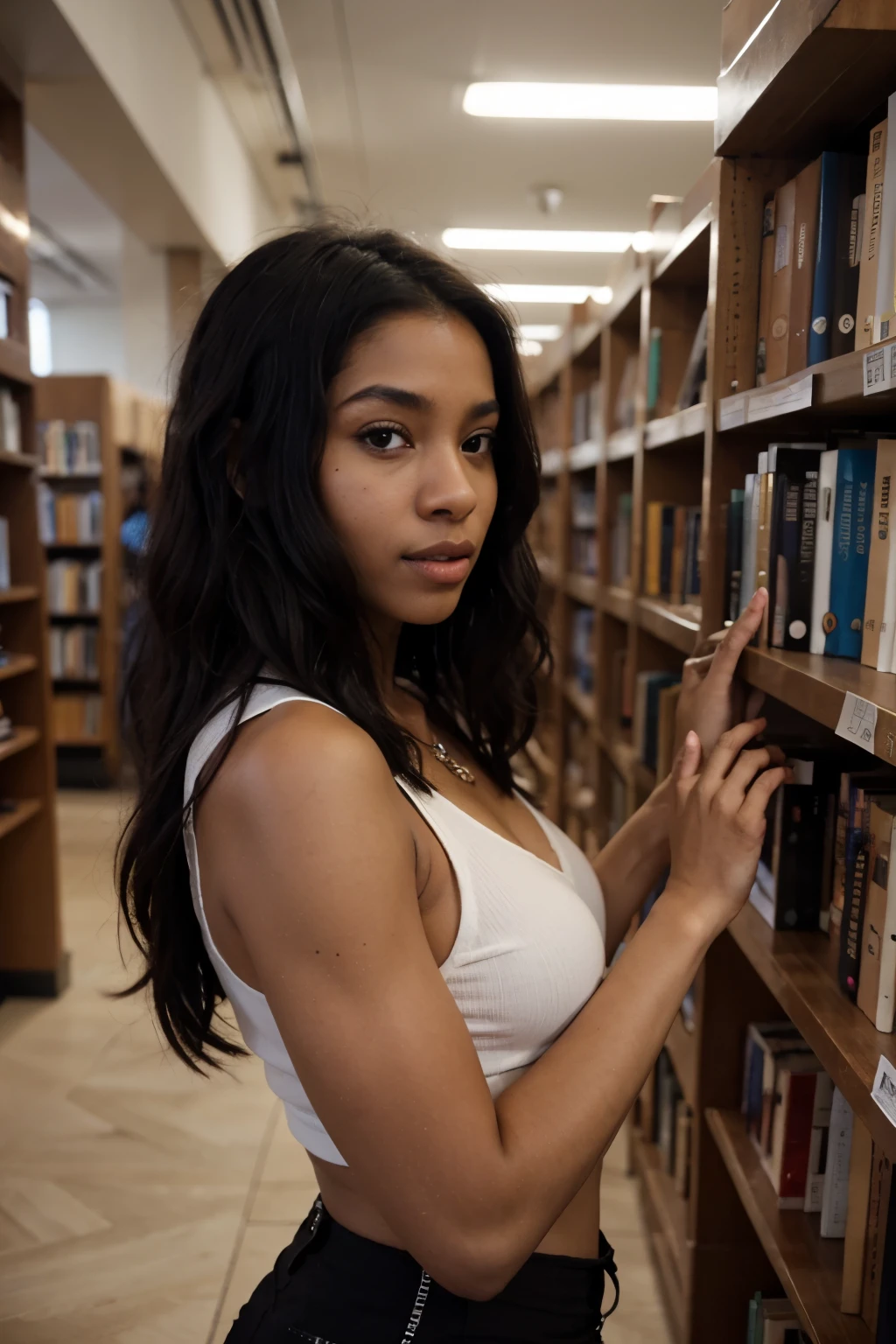 Beautiful dark ebony girl, very dark black skin, long black hair, library, 