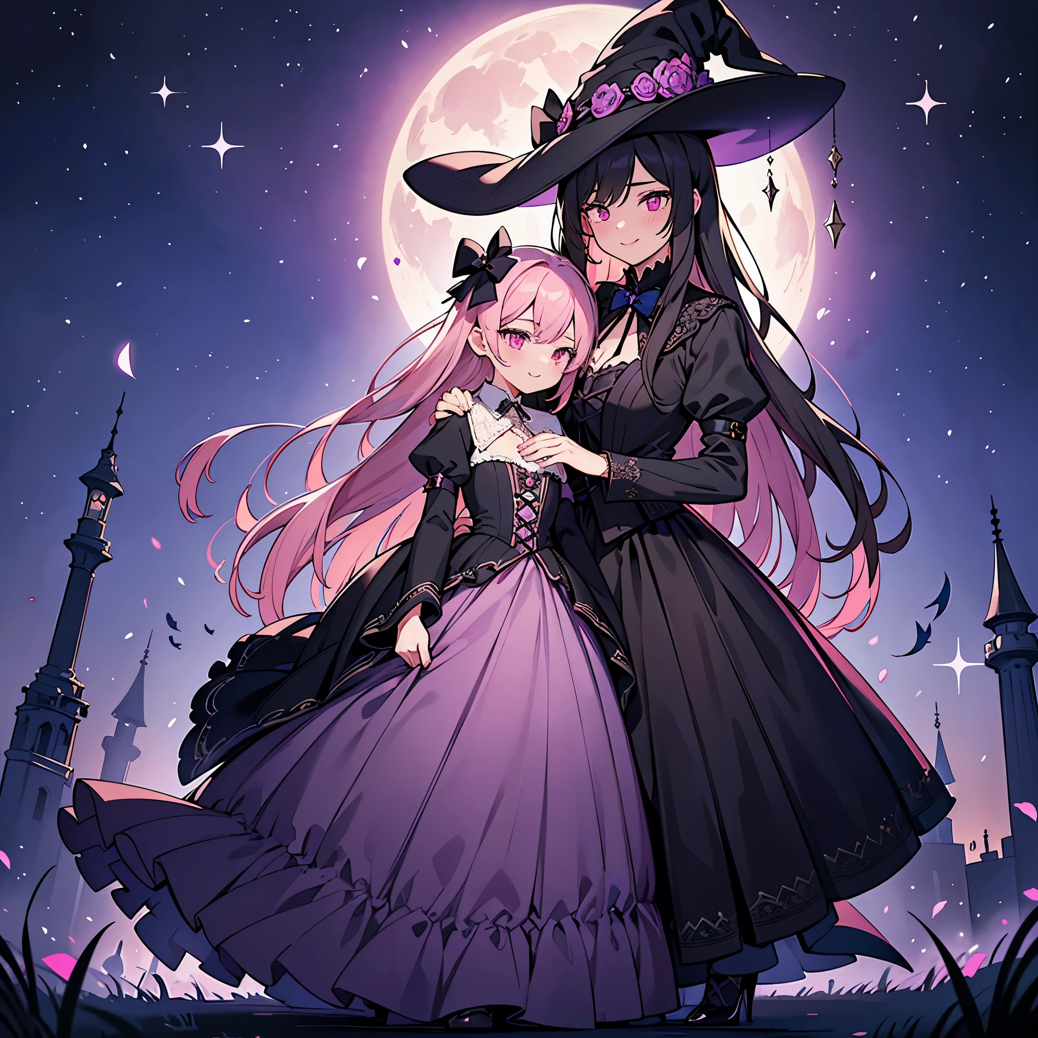 (best quality,4k,8k,highres,masterpiece:1.2),ultra-detailed,(realistic,photorealistic,photo-realistic:1.37), a teenage boy joins a witch coven and he’s given the gift of femininity, he gets magically transformed into a cute teenage witch girl, sex change ritual, pink eyes, long black hair, is happy, stunning black Victorian dress, gorgeous dress design,flowing gown,elaborate lace details,rich textures,contrast stitching,delicate ribbon bows,floral accents,full skirt,high neckline,long sleeves,fitted waistline,flared cuffs,lace-up back,luxurious fabrics,flawless silhouette,high heels,pointy hat, magical transformation, detailed facial features, glowing and vibrant pink eyes, flowing and glossy long black hair, happy and excited expression, joyful and radiant vibe, embrace her new identity has a maiden of witchcraft, eager to learn magic, surrounded by a mystical aura, spell books and potions in the background, inside an abandoned castle in the middle of a forest, butterflies flying around, moonlit night with a full moon shining above, soft and ethereal lighting, a group of friendly witches welcoming the new girl into the coven, joyful celebration and magical rituals, feminine and elegant movements, a cauldron overflowing with sparkles and magical essence, black and purple hues dominating the color palette, whimsical and enchanting atmosphere, breathtaking and bewitching nature, a sense of empowerment and self-discovery.