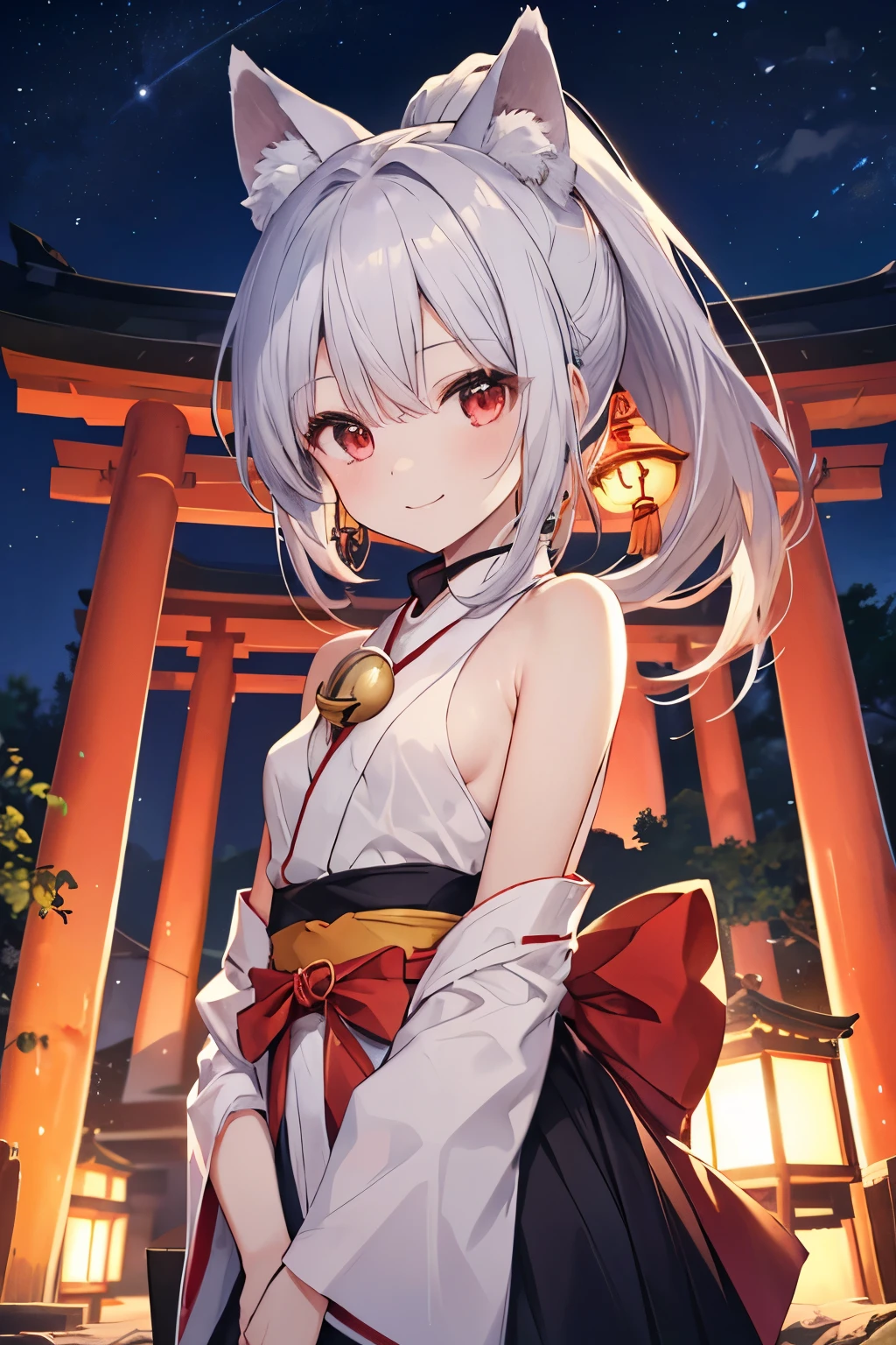 Silver-haired red eyes、 girl、small breasts、Ponytail、fox ears、Has a bell around his neck、smile、Miko costume、shrine、night view、girl、small breasts、Ponytail、ニコニコsmile、Looks about 15 years old、Petan Musume、he is short、red torii⛩、shrine