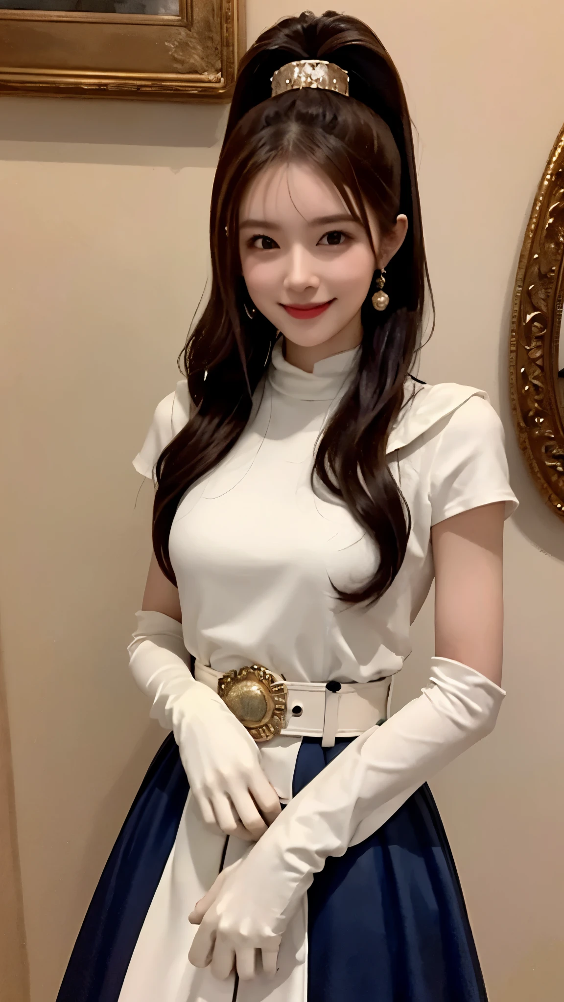 (masterpiece, highest quality:1.2), cowboy shot, alone, 1 girl, dq6 barbara, smile, looking at the viewer, put your hand on your waist, high ponytail, dress, cape, yellow gloves, belt, jewelry, earrings