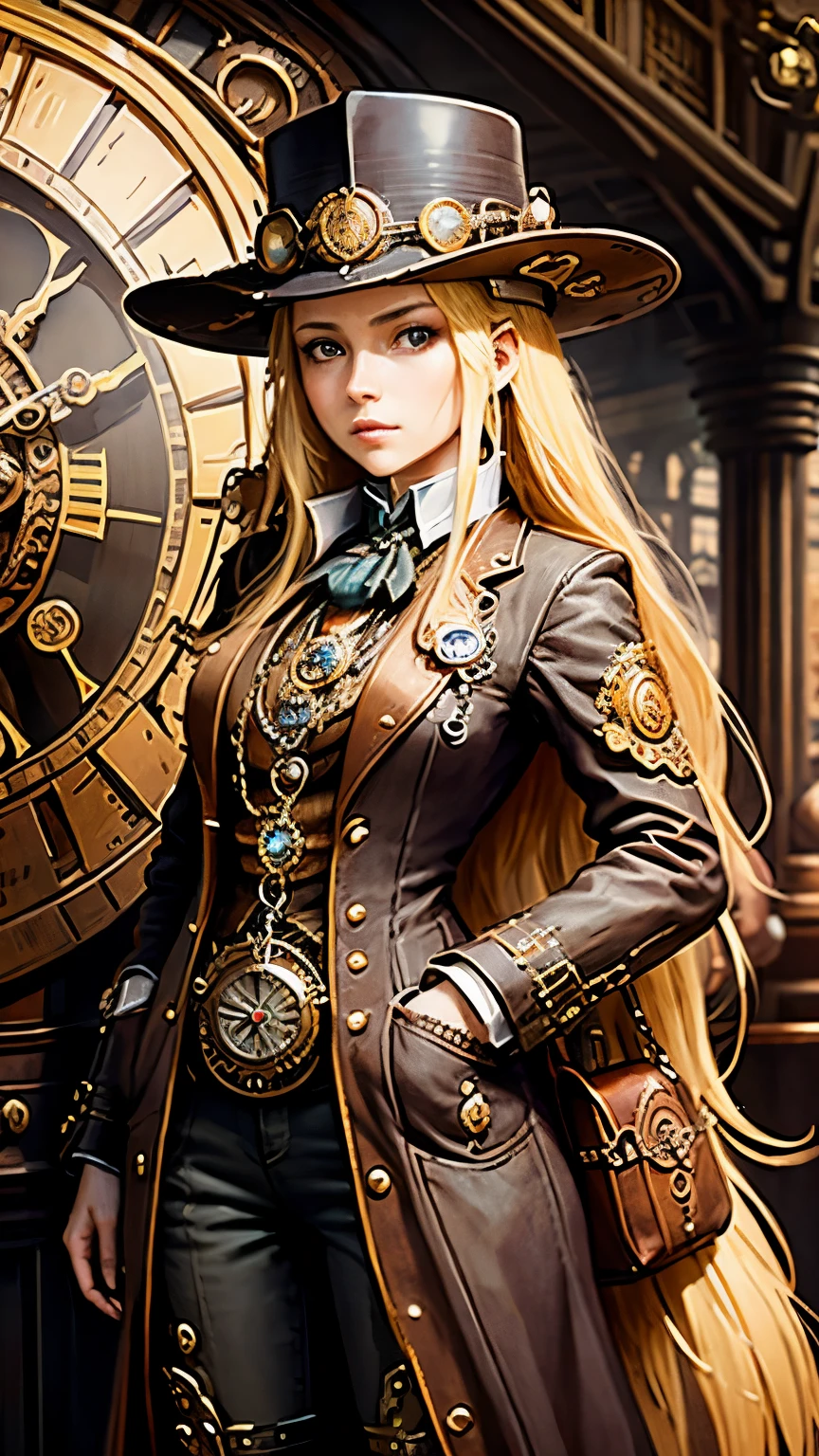 steampunkai。highest quality。masterpiece。detailed details。one woman。long blonde hair。Traveller。(Look at the pocket watch in your hand)。In the background is a railway station under a huge roof.。