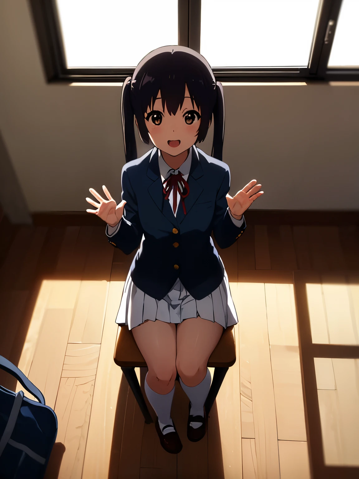 (best quality, masterpiece:1.2), 1girl, (((masterpiece))), (((full body))), (((sit in class))), top-quality, top-quality, High Details, nakano azusa, 1girl, Sakuragaoka High School Uniform, Twin-tailed, length hair, A dark-haired, brown-eyed, solo, reddish, Dark blue blazer with thin blue ribbon, Solid white buttoned shirt under blazer, illustratio, comic strip, soothing tones, Subdued Color, Soft cinematic light, adobe lightroom, photolab, HDR, intricately and hyper-detailed、(((depth of fieldasterpiece)))。(((top-quality))).)((ultra-detailliert)))。(((illustratio)))。(((takeout))).dynamic focus.big breasts.(((School))).(((A classroom))).(((Face of happy smile))). Close eye, open mouth.(((Hands waving))).(((up chest))).((morning glow)).((the setting sun)), solo, anime, anime screencap, ray tracing, ultra resolution image, vivid color,  cinematic light,  lens flare,  light on face, glow eyes,  depth of field, happy, detailed background, cute,  straight-on, dive dress, navel,