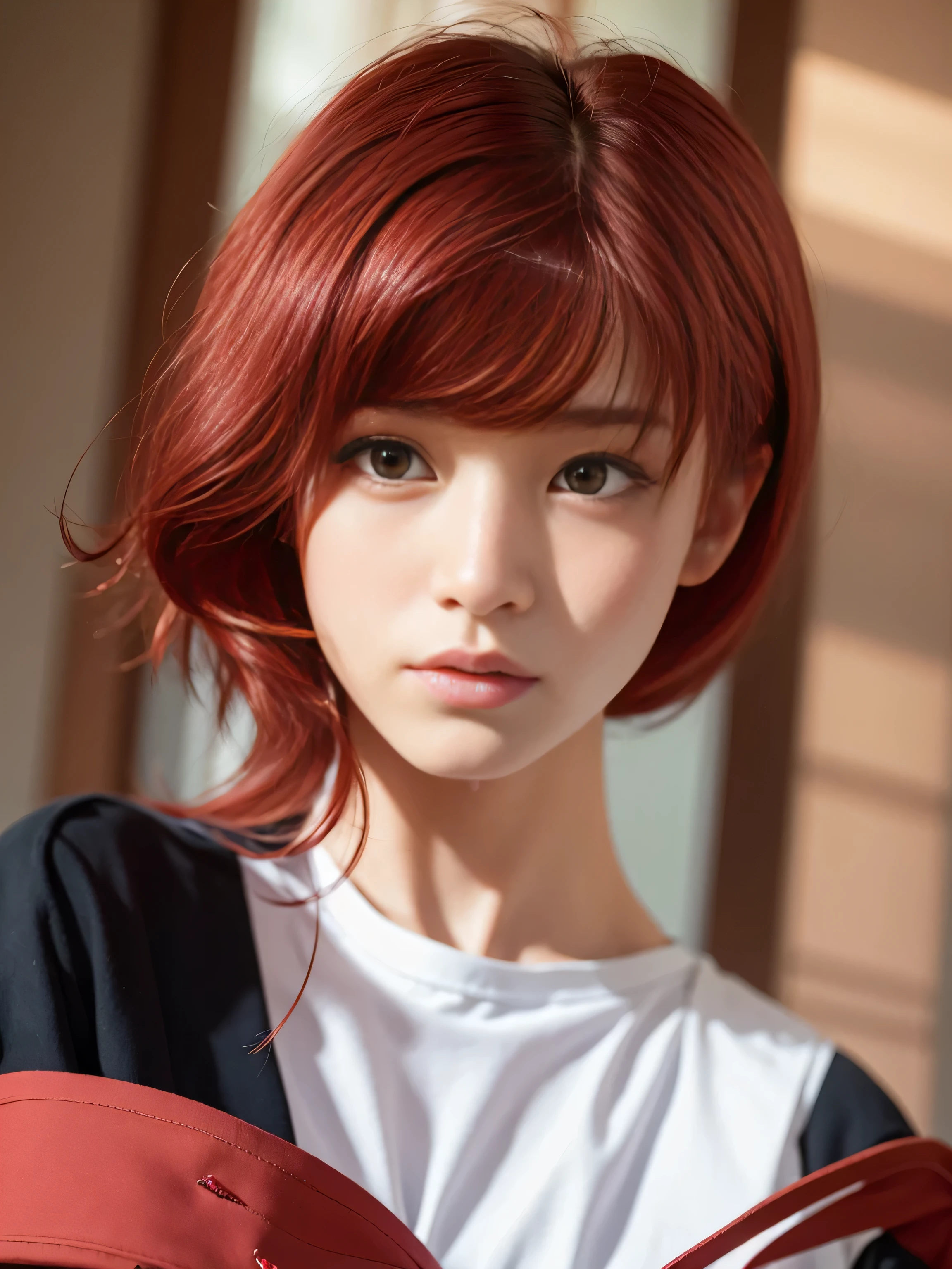 wearing school uniform、The hair is shiny red、RED HARE、The background is outdoors、The hairstyle is short hair