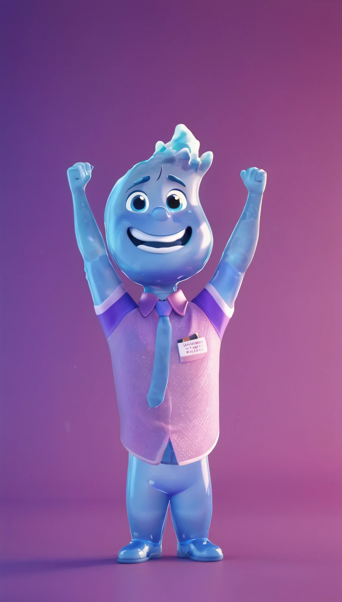 small chibi wade 3d render, wade holding something over the head with his arms raised to top, cute blue chibi wade, purple shirt, 3d render, detailed cartoon hands