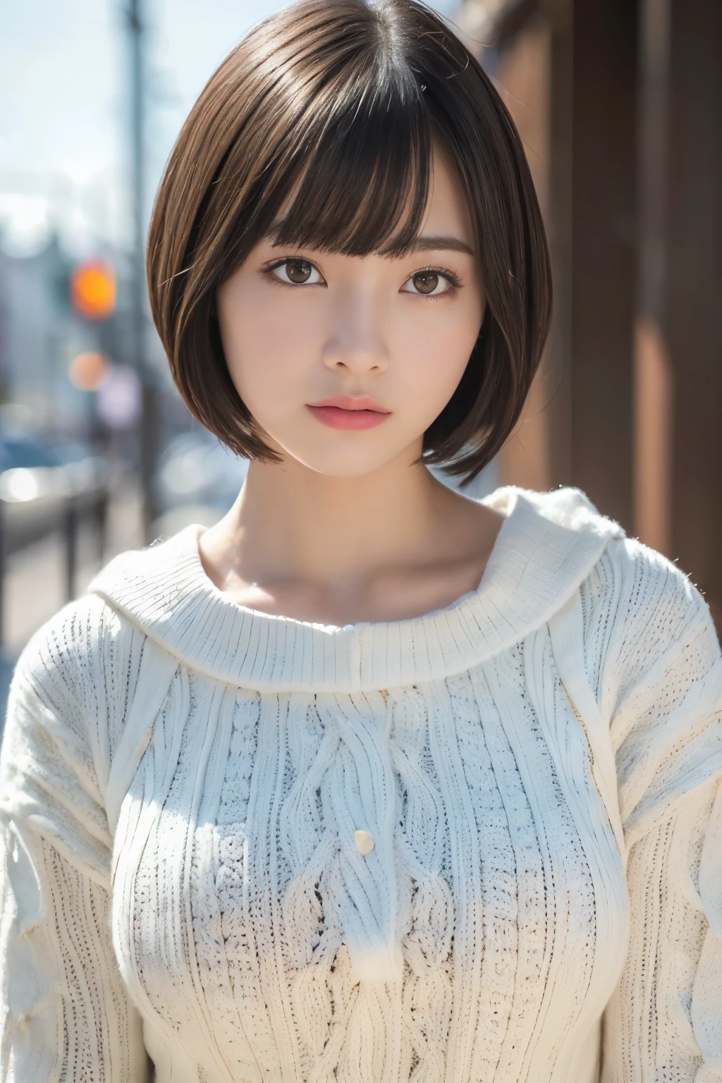 (8k, RAW photos, top quality, masterpiece: 1.2), ultra detailed, super resolution, (real, real photos: 1.37), portraits, high definition RAW color photos, professional photos, very detailed and beautiful, highly detailed, 8k wallpapers, amazing details, huge file size, official art, highly detailed CG Unity 8k wallpapers, highly detailed beautiful girls, highly detailed faces, Highly Detailed Eyes, Highly Detailed Skin, Highly Detailed Fingers, Very Detailed Nose, Highly Detailed Detailed Mouth, Perfect Anatomy, Detailed Background, Detailed Clothes, One Girl, (20:1.2), 20s, Cute Girl, Realistic Body, , White Skin, Radiant Skin, Slim Body, Black Hair, Short Hair, (Blunt Bangs: 1.2), Cute, Youthful, Pretty Face, Realistic Face, Delicate Eyes, Sale Eyes, ( (Fashionable winter clothes)), ((Up)), ((((Short hair)))), Earrings, Looking at the camera, Cowboy shot, Facing Front, Standing Posture, Contrapposto, Dynamic Lighting, C Cup Breasts,
